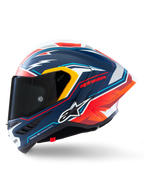 Alpinestars Supertech R10 Acosta Limited Edition-hjälm, integralhjälm för racing, mattblå med röda, vita och gula detaljer, sidovy som visar mörkt rökfärgat visir och aerodynamisk winglet, professionell kolfiberdesign för racing