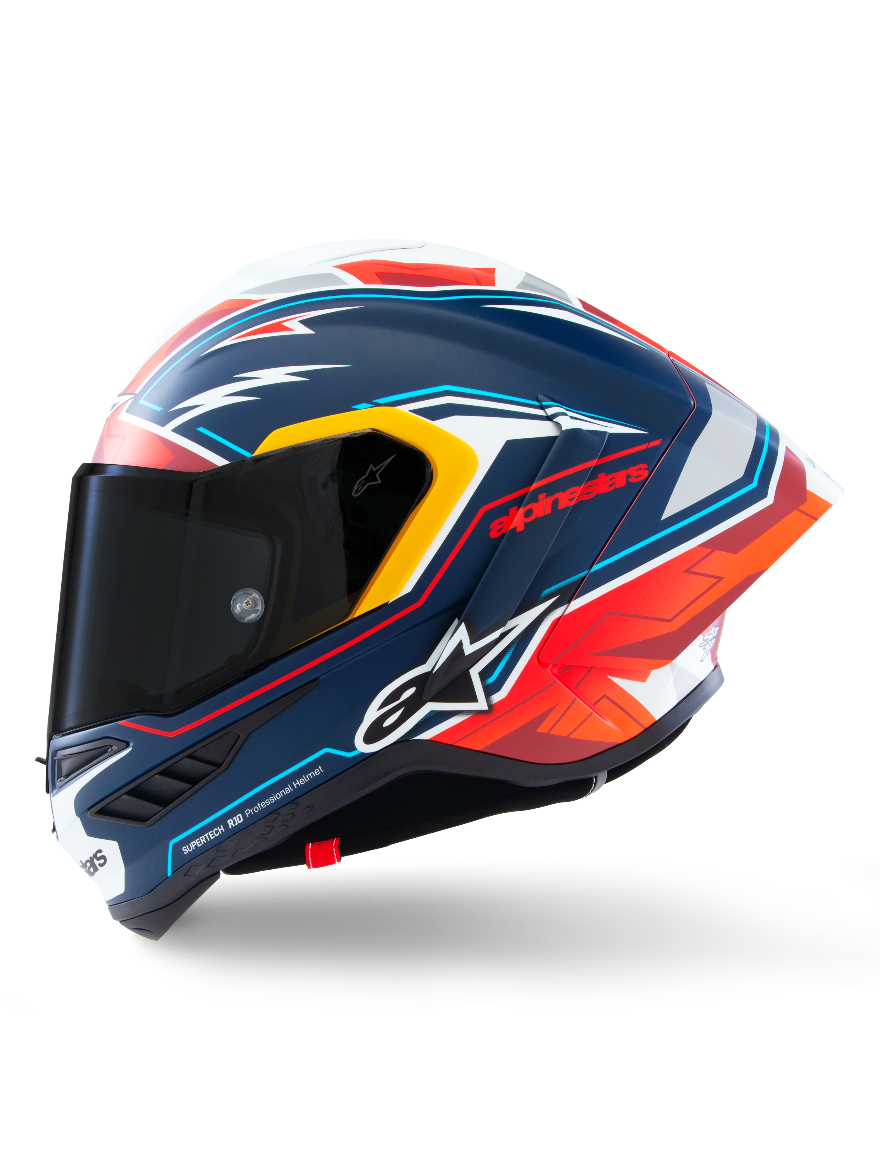 Alpinestars Supertech R10 Acosta Limited Edition-hjälm, integralhjälm för racing, mattblå med röda, vita och gula detaljer, sidovy som visar mörkt rökfärgat visir och aerodynamisk winglet, professionell kolfiberdesign för racing