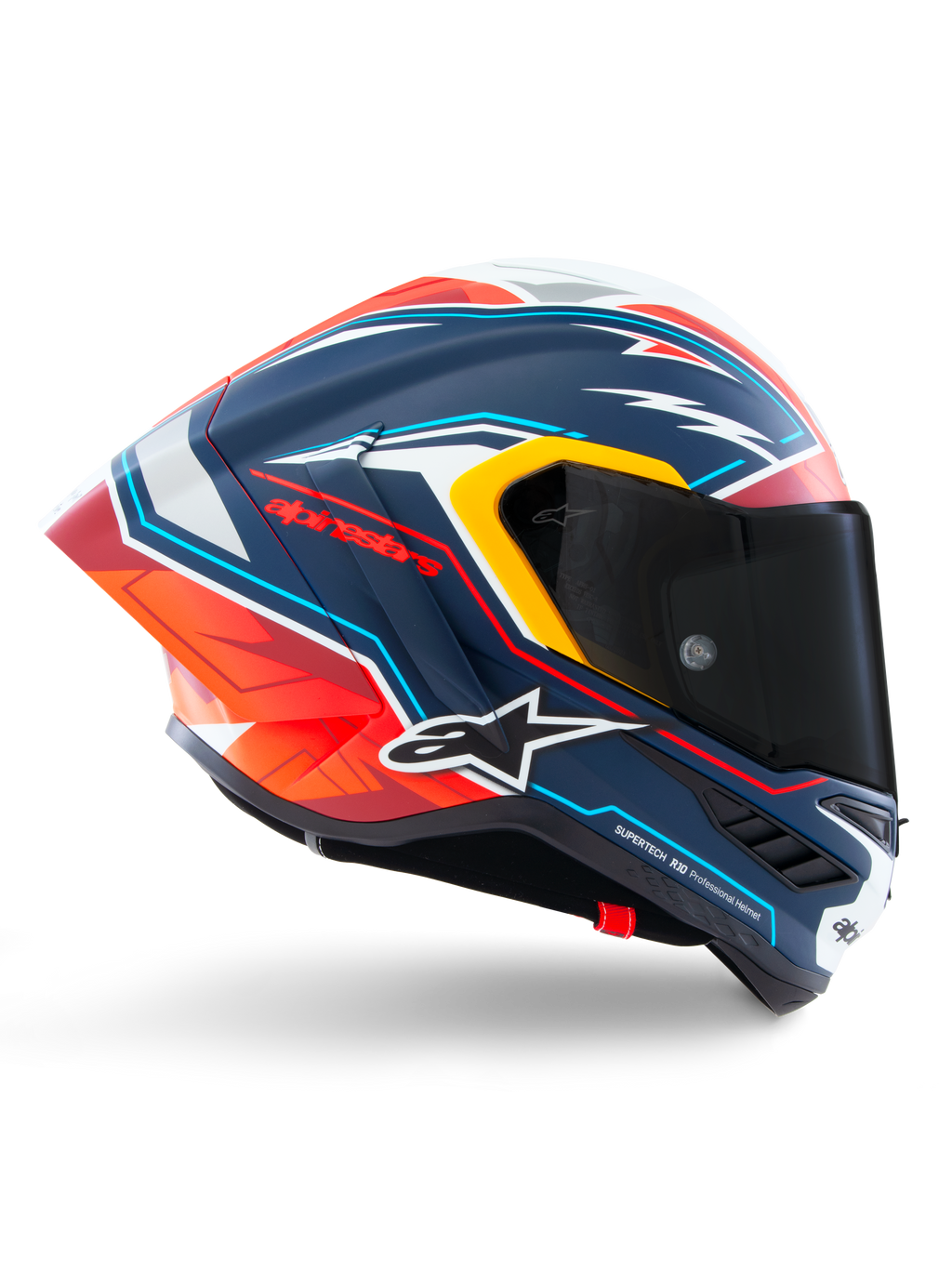 Alpinestars Supertech R10 Acosta Limited Edition-hjälm, motorcykelracinghjälm, matt blå med röd, orange och vit grafik, sidoprofil, mörkt rökfärgat visir, aerodynamiskt kolfiberskal, prestanda i professionell klass
