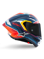 Alpinestars Supertech R10 Acosta Limited Edition-hjälm, motorcykelracinghjälm, matt blå med röd, orange och vit grafik, sidoprofil, mörkt rökfärgat visir, aerodynamiskt kolfiberskal, prestanda i professionell klass