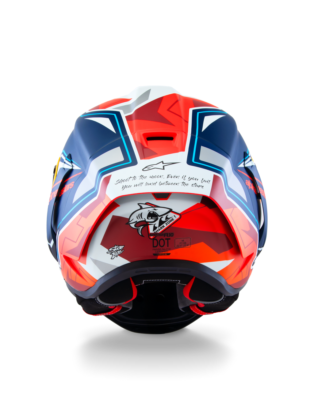 Alpinestars Supertech R10 Acosta Limited Edition hjälm, sedd bakifrån, matt blå, röd och vit, med "Shark Zone" hajgrafik och ett inspirerande citat på baksidan, aerodynamisk racingspoiler och professionellt motorcykelskydd