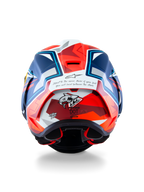 Alpinestars Supertech R10 Acosta Limited Edition hjälm, sedd bakifrån, matt blå, röd och vit, med "Shark Zone" hajgrafik och ett inspirerande citat på baksidan, aerodynamisk racingspoiler och professionellt motorcykelskydd