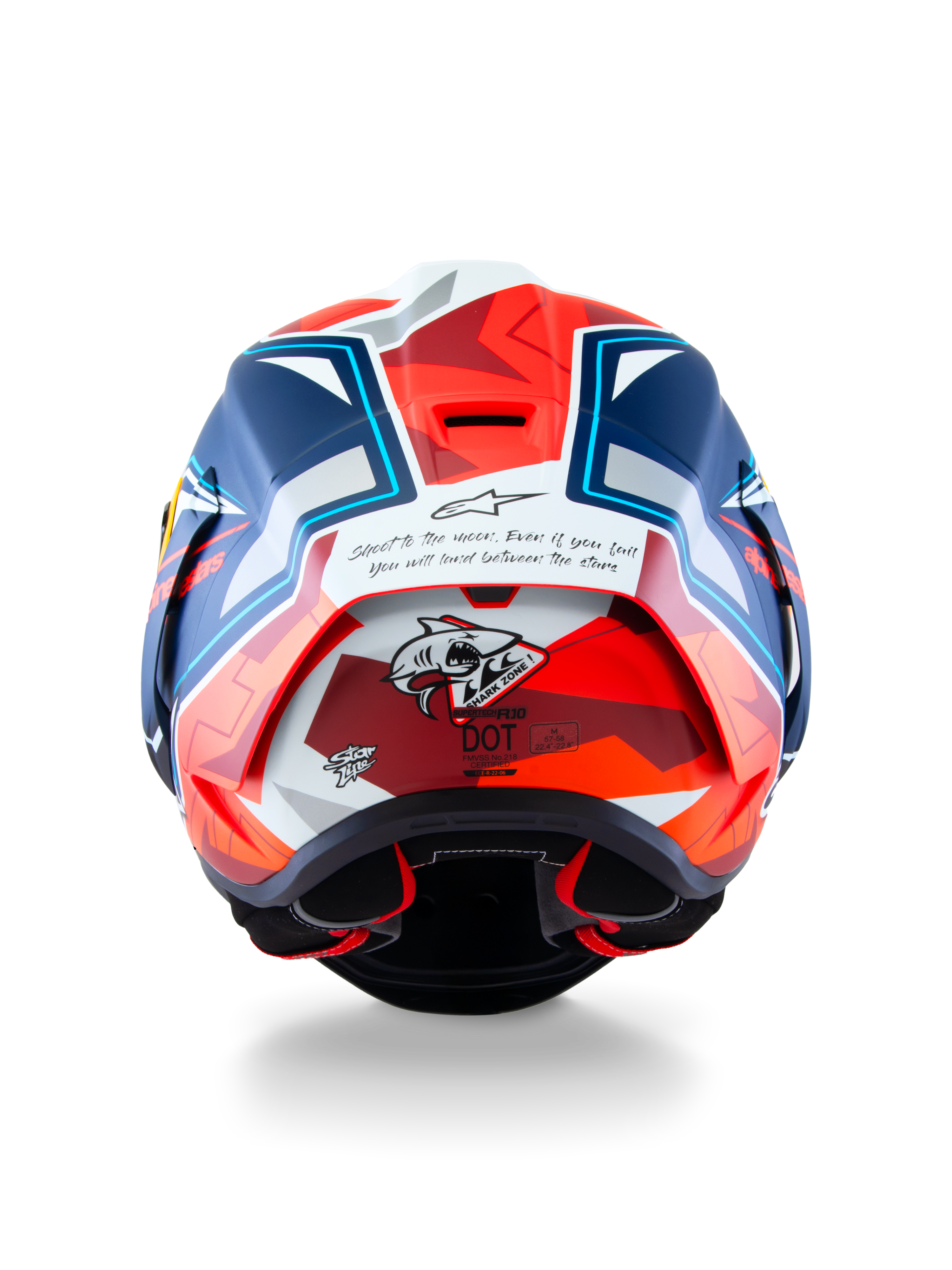 Alpinestars Supertech R10 Acosta Limited Edition hjälm, sedd bakifrån, matt blå, röd och vit, med "Shark Zone" hajgrafik och ett inspirerande citat på baksidan, aerodynamisk racingspoiler och professionellt motorcykelskydd