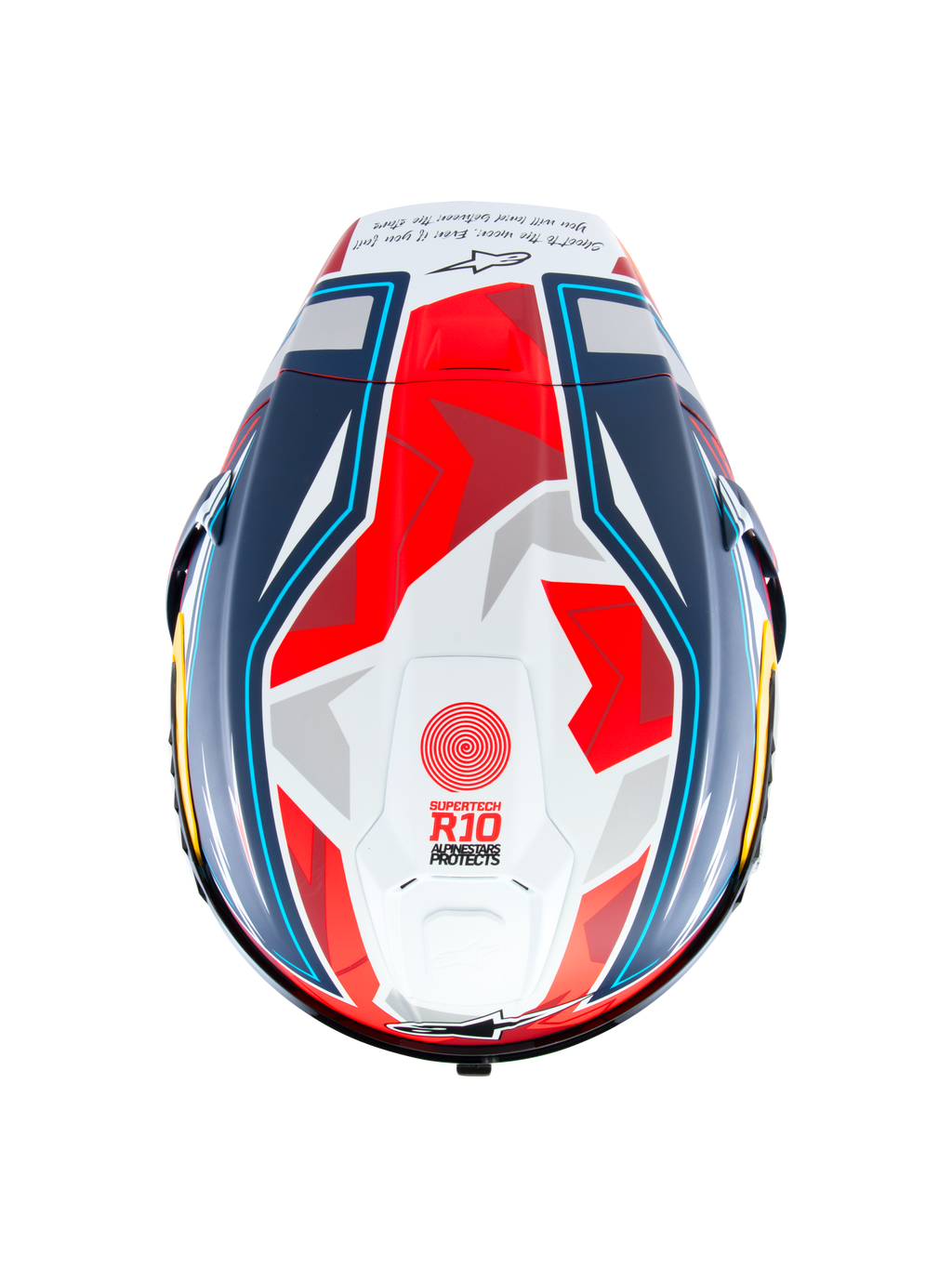 Alpinestars Supertech R10 Acosta Limited Edition hjälm, sedd uppifrån, blå, röd och vit matt, racinghjälm med aerodynamiskt skal och geometrisk grafik, 'Supertech R10'-märkning på hjässan och matt finish.