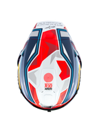 Alpinestars Supertech R10 Acosta Limited Edition hjälm, sedd uppifrån, blå, röd och vit matt, racinghjälm med aerodynamiskt skal och geometrisk grafik, 'Supertech R10'-märkning på hjässan och matt finish.
