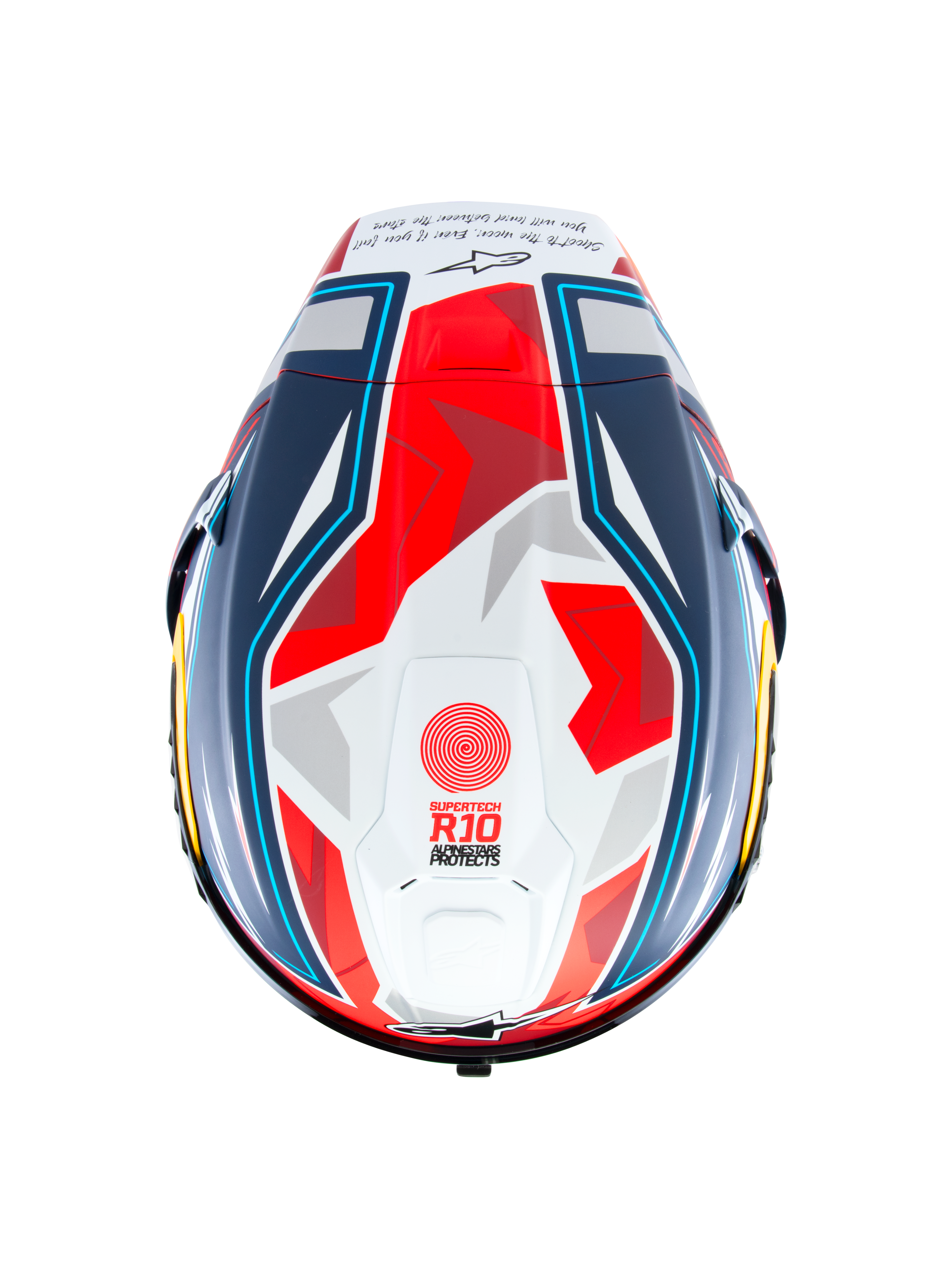 Alpinestars Supertech R10 Acosta Limited Edition hjälm, sedd uppifrån, blå, röd och vit matt, racinghjälm med aerodynamiskt skal och geometrisk grafik, 'Supertech R10'-märkning på hjässan och matt finish.