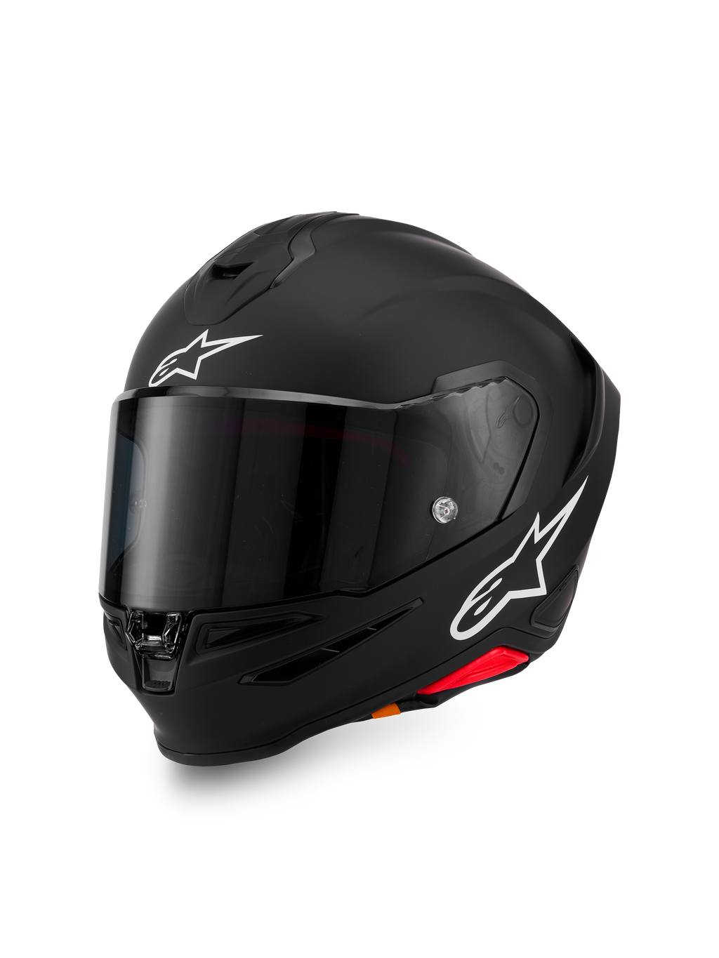 Alpinestars S-R7 Solid-hjälm, integralhjälm för motorcykel, mattsvart med vita A-star-logotyper på pannan och sidan, mörktonat visir, aerodynamisk skaldesign för racing och sportkörning