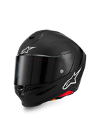 Alpinestars S-R7 Solid-hjälm, integralhjälm för motorcykel, mattsvart med vita A-star-logotyper på pannan och sidan, mörktonat visir, aerodynamisk skaldesign för racing och sportkörning