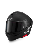 Alpinestars S-R7 Solid Helmet, full-face motorcycle helmet, Black Matte with white A-star logos on forehead and side, dark tinted visor, aerodynamic shell design for racing and sport riding