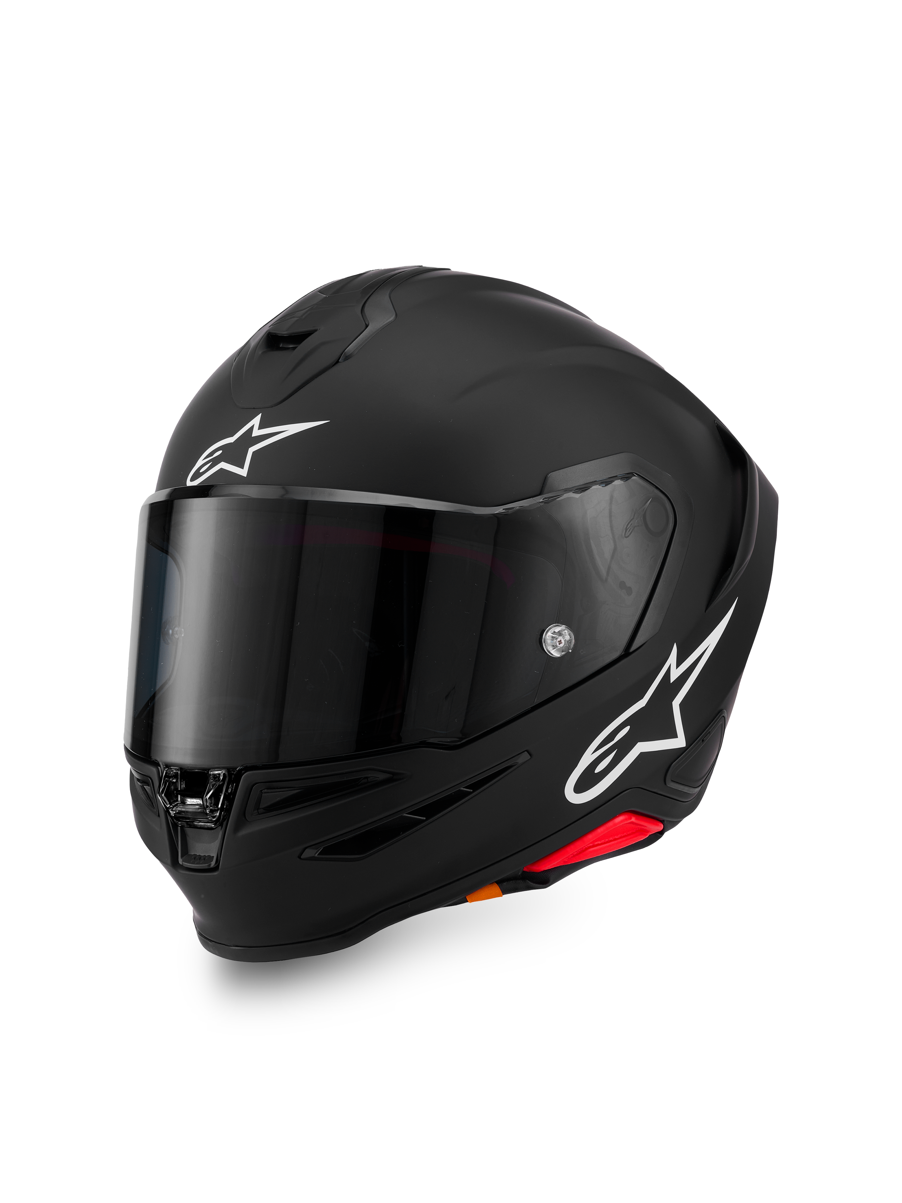 Alpinestars S-R7 Solid-hjälm, integralhjälm för motorcykel, mattsvart med vita A-star-logotyper på pannan och sidan, mörktonat visir, aerodynamisk skaldesign för racing och sportkörning