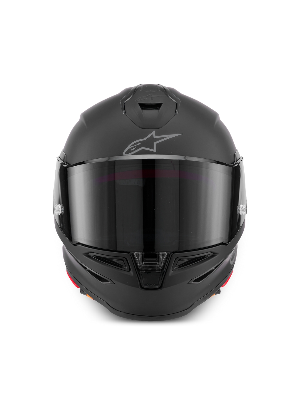 Alpinestars S-R7 Solid Hjälm, integralhjälm för motorcykel i Black Matte, frontvy som visar ett aerodynamiskt skal med mörkt visir, integrerade ventiler vid hakan och upptill, samt den karakteristiska Astar-logotypen på pannan.