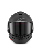 Alpinestars S-R7 Solid Hjälm, integralhjälm för motorcykel i Black Matte, frontvy som visar ett aerodynamiskt skal med mörkt visir, integrerade ventiler vid hakan och upptill, samt den karakteristiska Astar-logotypen på pannan.