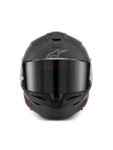 Alpinestars S-R7 Solid Helmet, full-face motorcycle helmet in Black Matte, front view showing aerodynamic shell with dark visor, integrated chin and top vents, and signature Astar logo on the forehead.