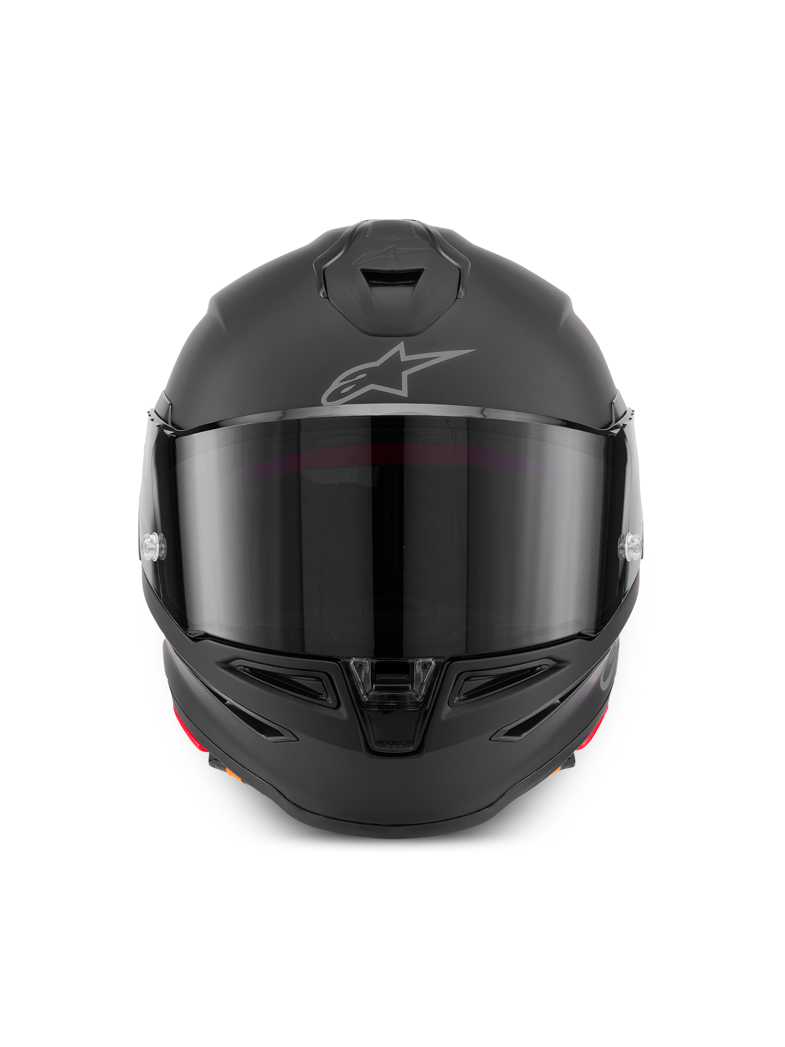 Alpinestars S-R7 Solid Hjälm, integralhjälm för motorcykel i Black Matte, frontvy som visar ett aerodynamiskt skal med mörkt visir, integrerade ventiler vid hakan och upptill, samt den karakteristiska Astar-logotypen på pannan.
