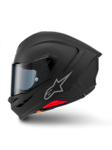 Alpinestars S-R7 Solid Helmet, Full-Face Motorcycle Helmet, Matte Black, side profile view, featuring silver Astars logo on the side, aerodynamic design with integrated spoiler and chin vents, and red and orange accents at the base.