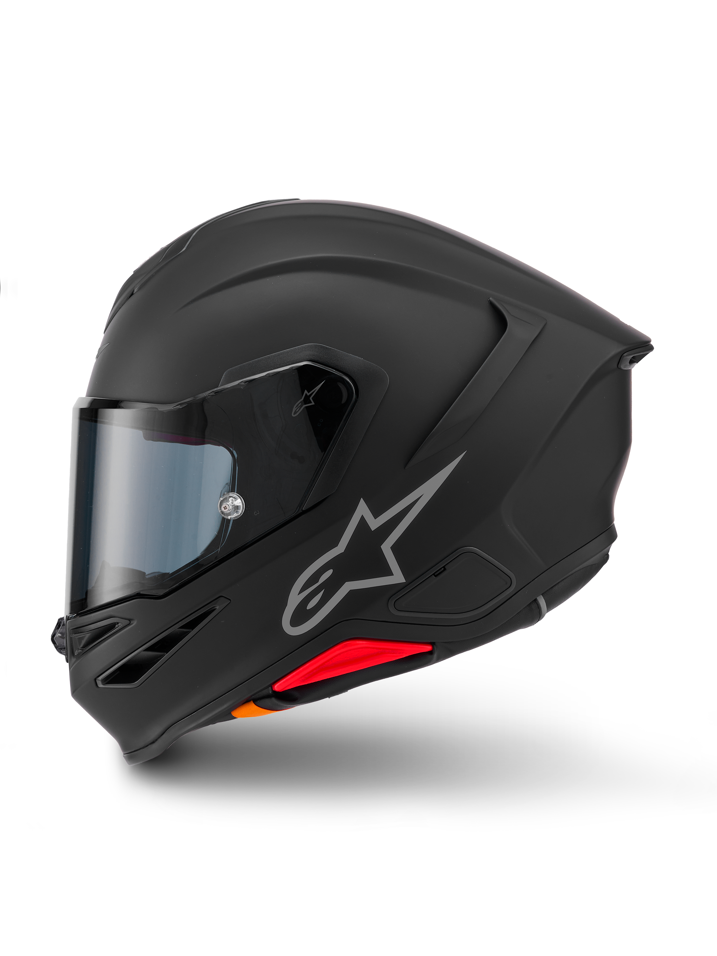 Alpinestars S-R7 Solid hjälm, integralhjälm för motorcykel, mattsvart, sidoprofil, med silverfärgad Astars-logotyp på sidan, aerodynamisk design med integrerad spoiler och hakventiler, samt röda och orangea detaljer vid basen.