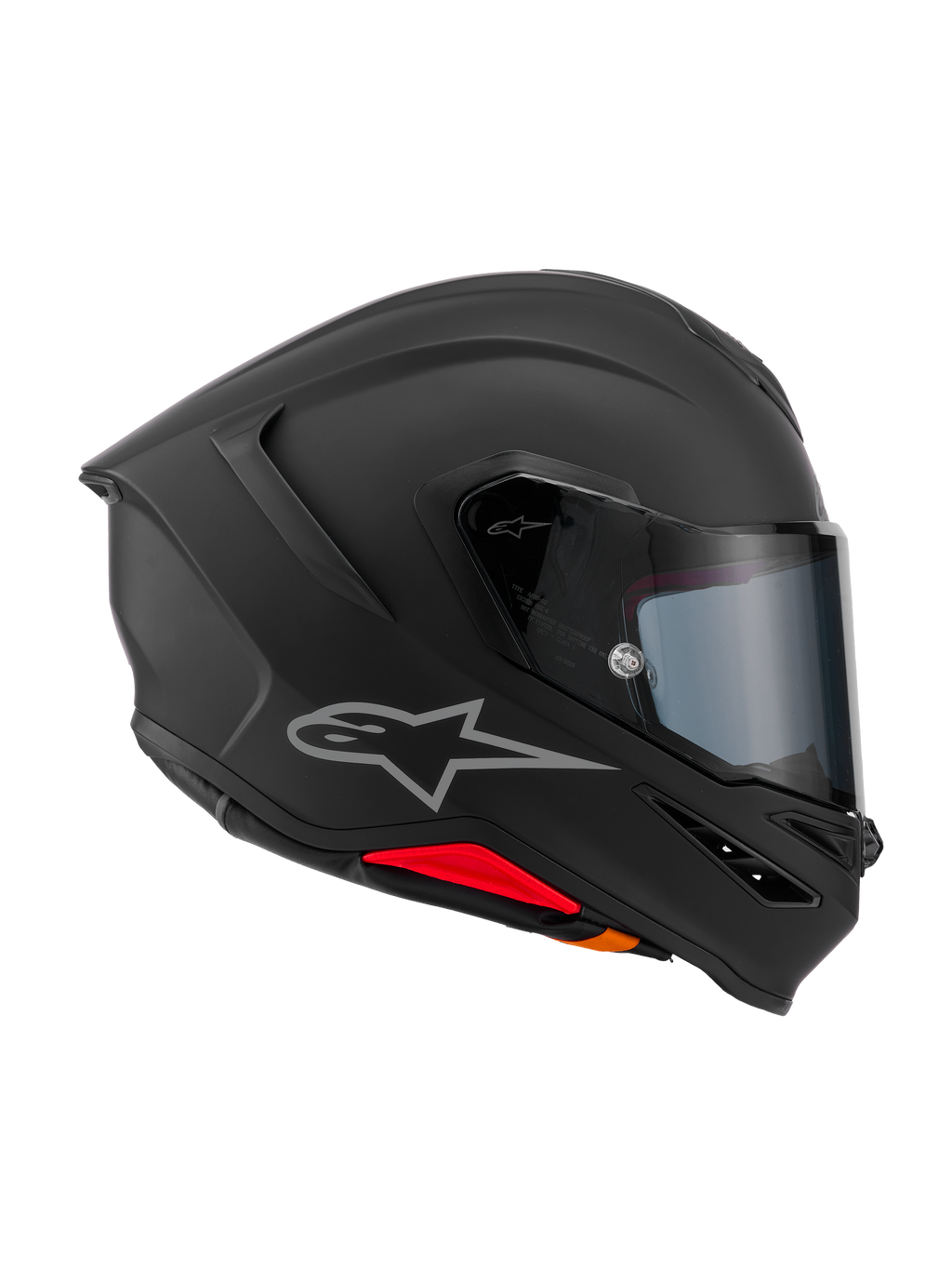 Alpinestars S-R7 Solid-hjälm, integralhjälm för motorcykel, mattsvart, profilvy från sidan som visar aerodynamiskt skal i kolfiberkomposit, integrerad bakre spoiler, silverfärgad Astars-logotyp, klart visir och ventilationsportar, racing- och sportutrustning