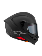 Alpinestars S-R7 Solid-hjälm, integralhjälm för motorcykel, mattsvart, profilvy från sidan som visar aerodynamiskt skal i kolfiberkomposit, integrerad bakre spoiler, silverfärgad Astars-logotyp, klart visir och ventilationsportar, racing- och sportutrustning