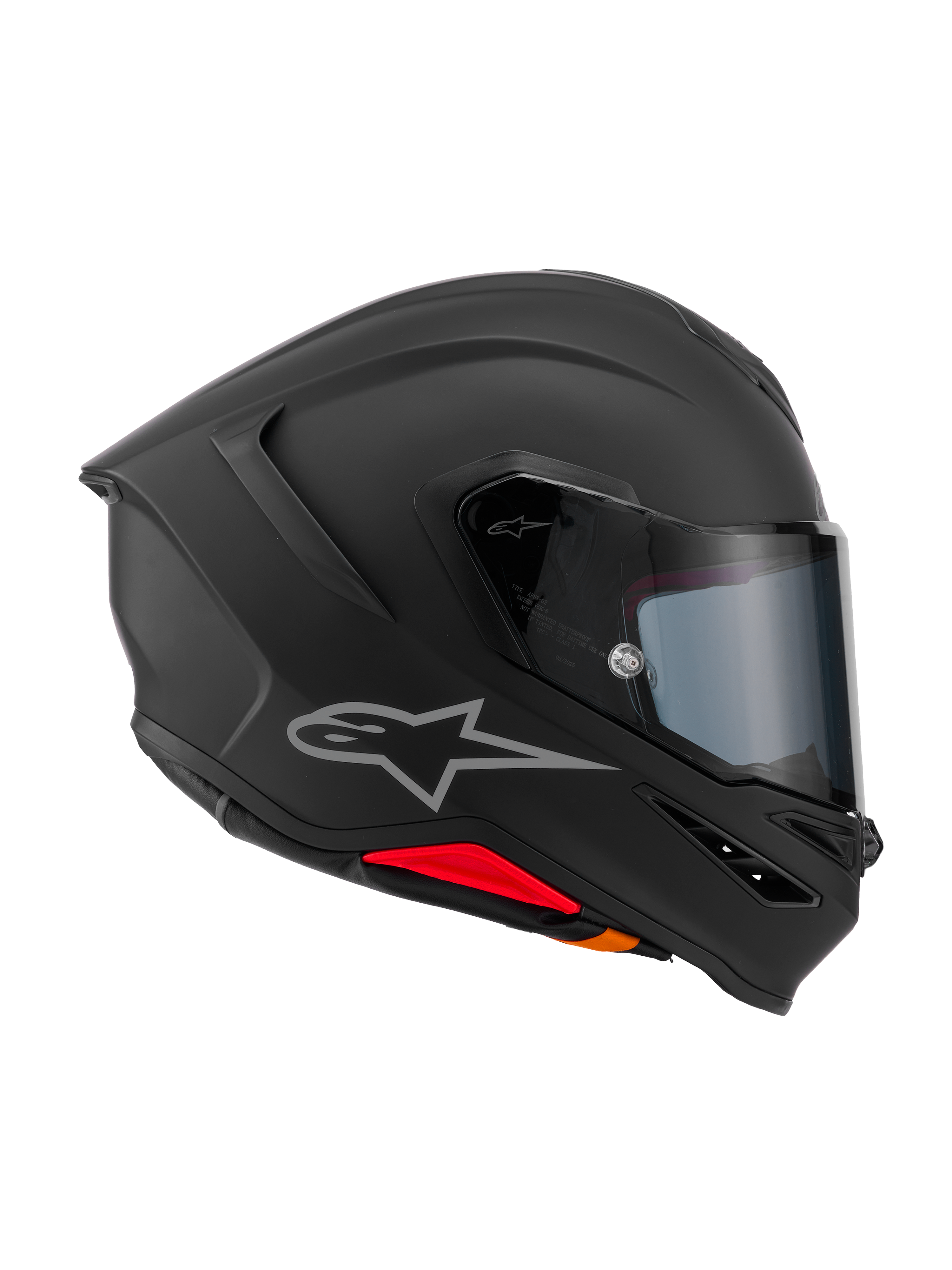 Alpinestars S-R7 Solid-hjälm, integralhjälm för motorcykel, mattsvart, profilvy från sidan som visar aerodynamiskt skal i kolfiberkomposit, integrerad bakre spoiler, silverfärgad Astars-logotyp, klart visir och ventilationsportar, racing- och sportutrustning