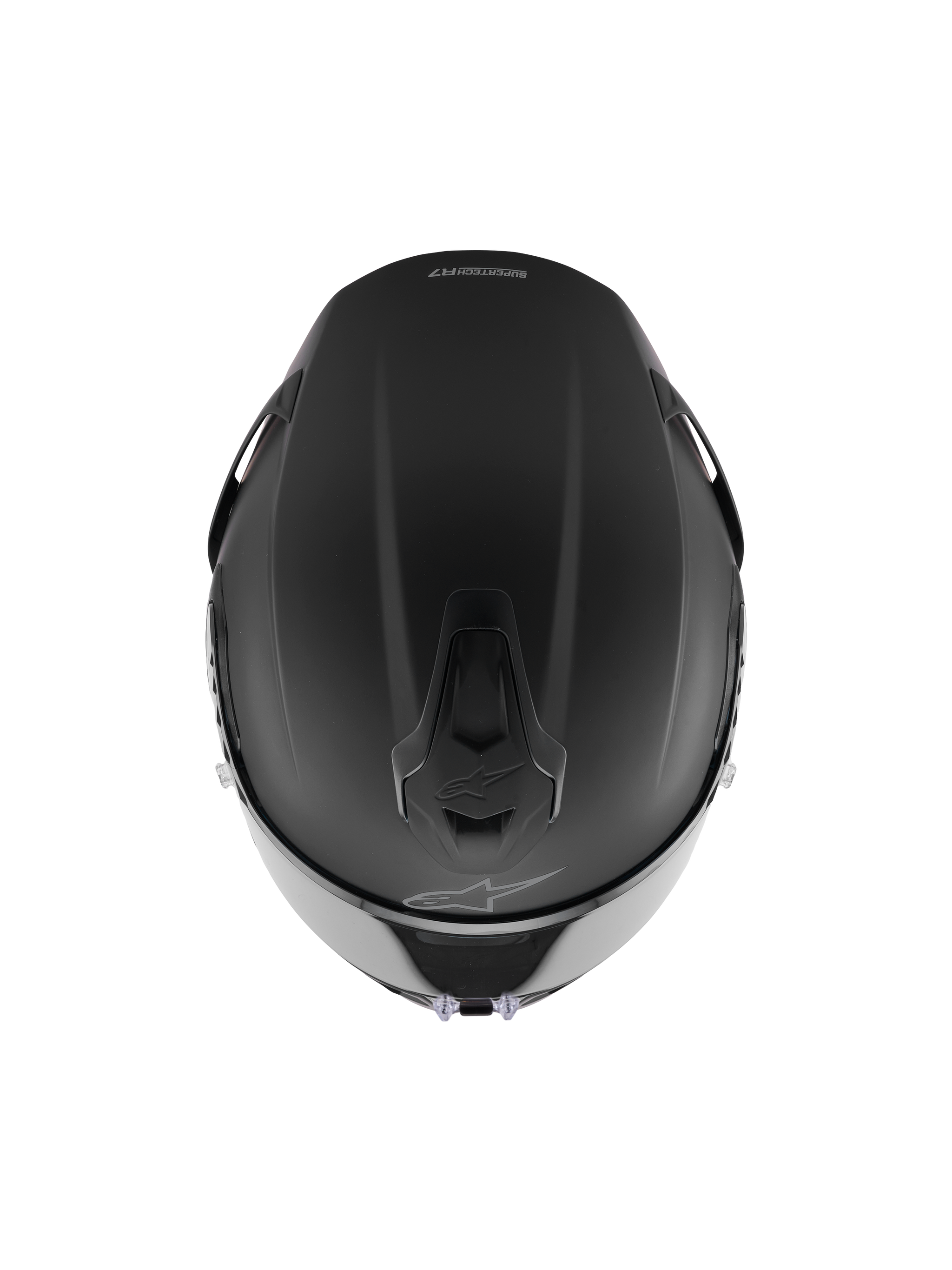 Alpinestars S-R7 Solid Helmet, Full-Face Racing Helmet, Black Matte, Top-down view showing aerodynamic shell construction, integrated ventilation ports, and subtle Alpinestars branding.