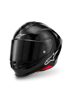 Alpinestars S-R7 Solid hjälm, Black Glossy, integralhjälm för motorcykel med kolfiberkompositskal, vita stjärnlogotyper på pannan och sidan, aerodynamisk design med integrerad spoiler och ventilationsöppningar