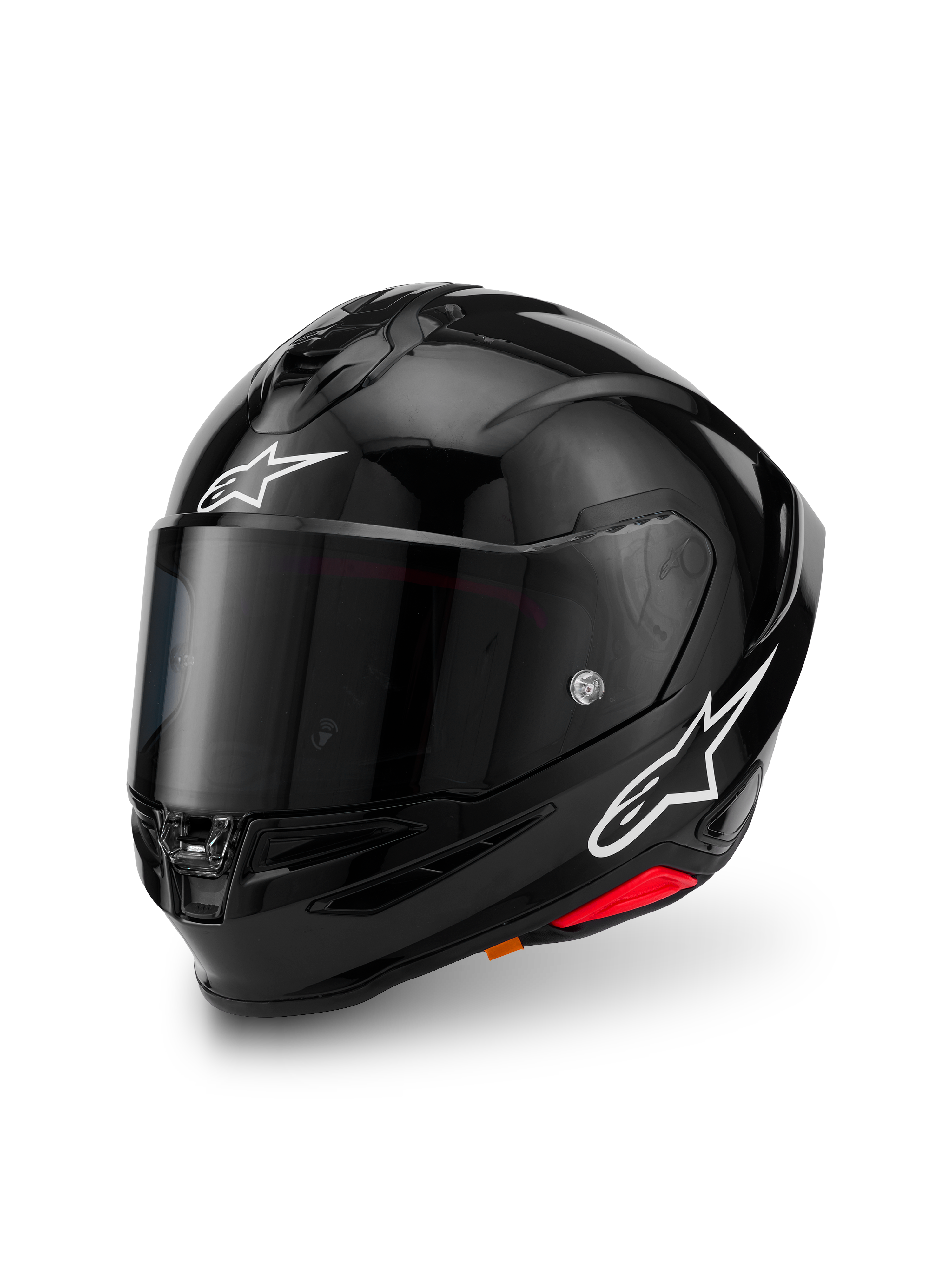 Alpinestars S-R7 Solid hjälm, Black Glossy, integralhjälm för motorcykel med kolfiberkompositskal, vita stjärnlogotyper på pannan och sidan, aerodynamisk design med integrerad spoiler och ventilationsöppningar