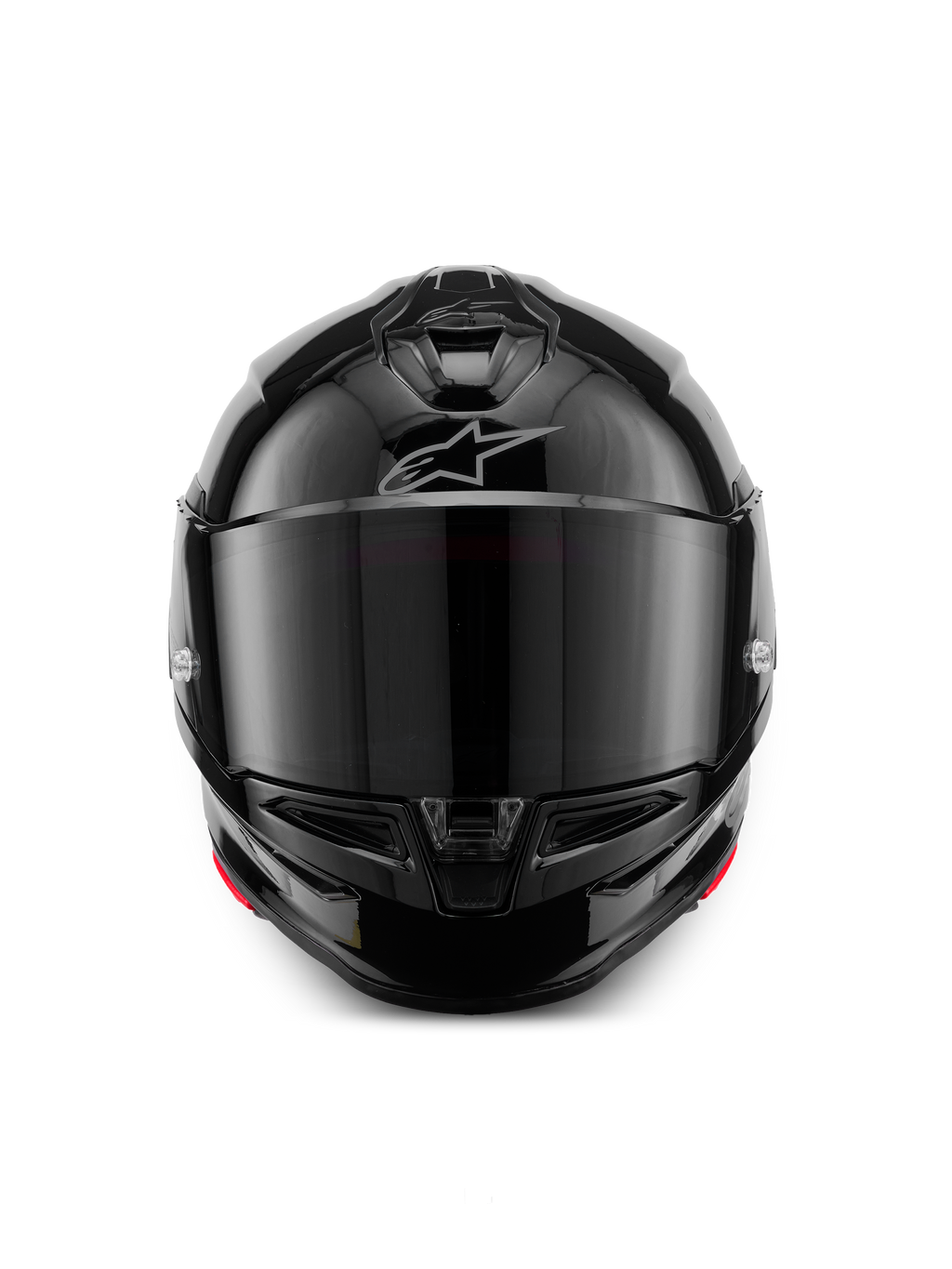 Alpinestars S-R7 Solid-hjälm, integralhjälm för motorcykel, blanksvart, vy framifrån med ett mörkt tonat visir, strömlinjeformat aerodynamiskt skal med ventilationsöppningar på hakan och hjässan, subtil silverfärgad Alpinestars-logotyp i pannan.