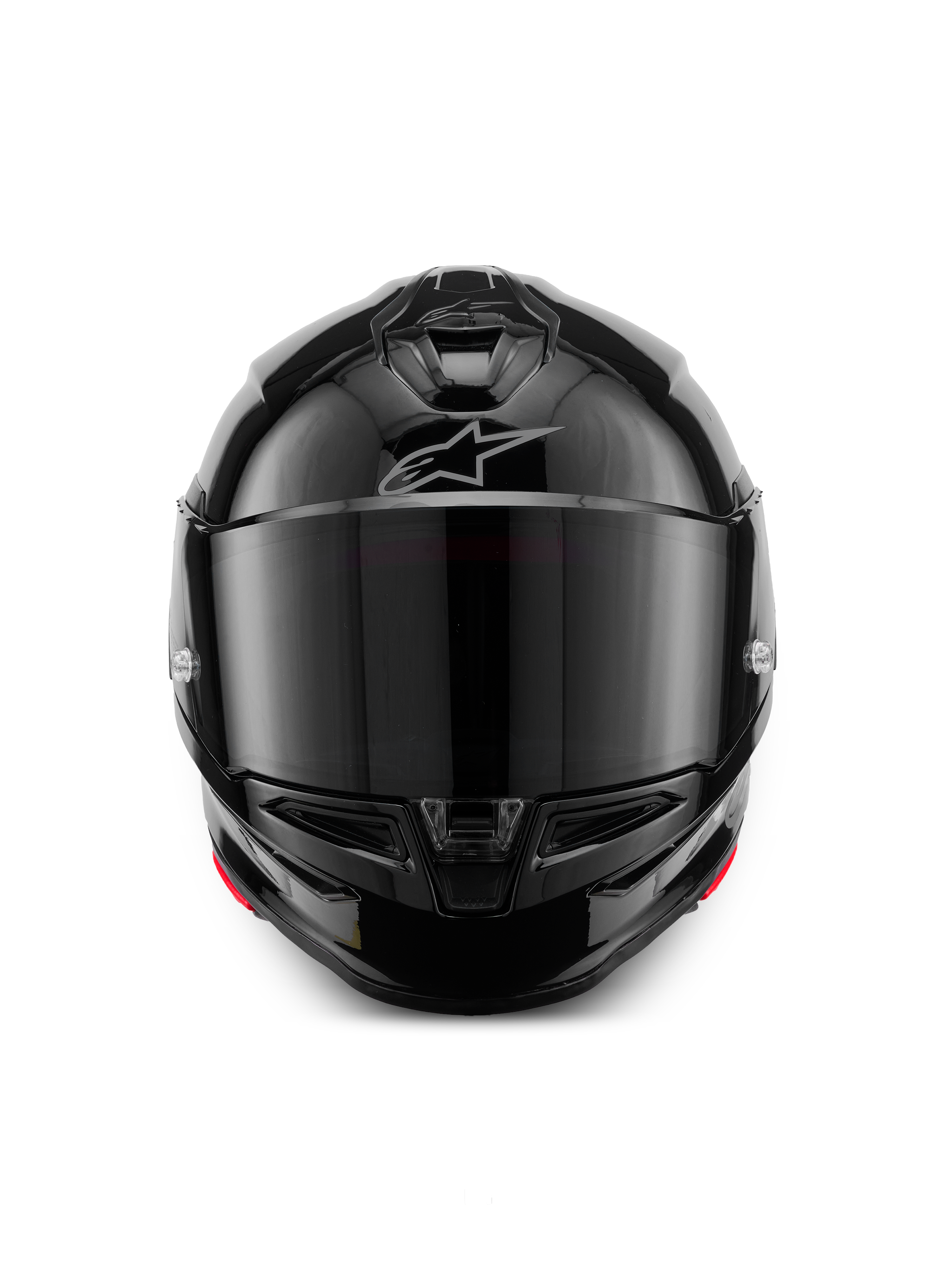 Alpinestars S-R7 Solid-hjälm, integralhjälm för motorcykel, blanksvart, vy framifrån med ett mörkt tonat visir, strömlinjeformat aerodynamiskt skal med ventilationsöppningar på hakan och hjässan, subtil silverfärgad Alpinestars-logotyp i pannan.