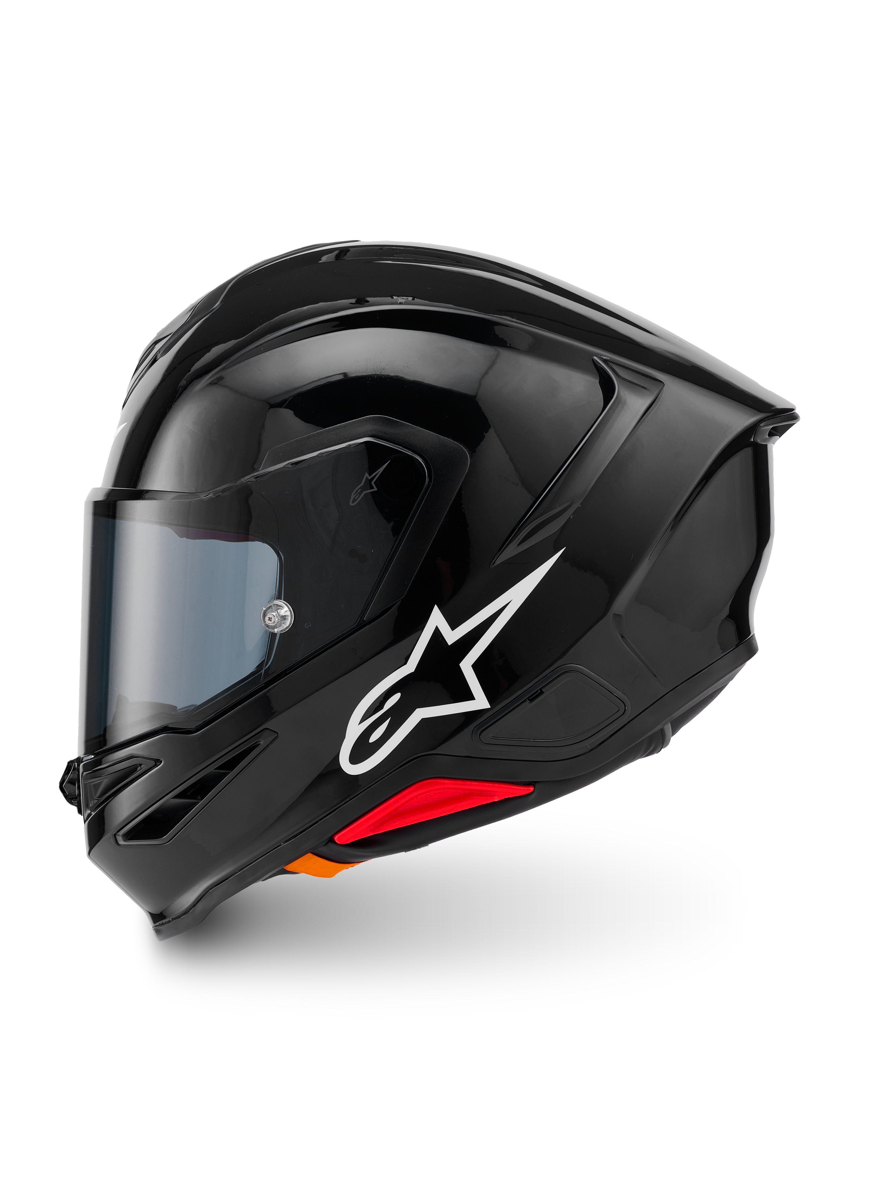 Alpinestars S-R7 Solid-hjälm, integralhjälm för motorcykel, blanksvart (Black Glossy), profilvy från vänster sida med vit Alpinestars-logotyp, aerodynamiskt skal med integrerad spoiler, tonat visir och röda detaljer för nödlossningssystemet.