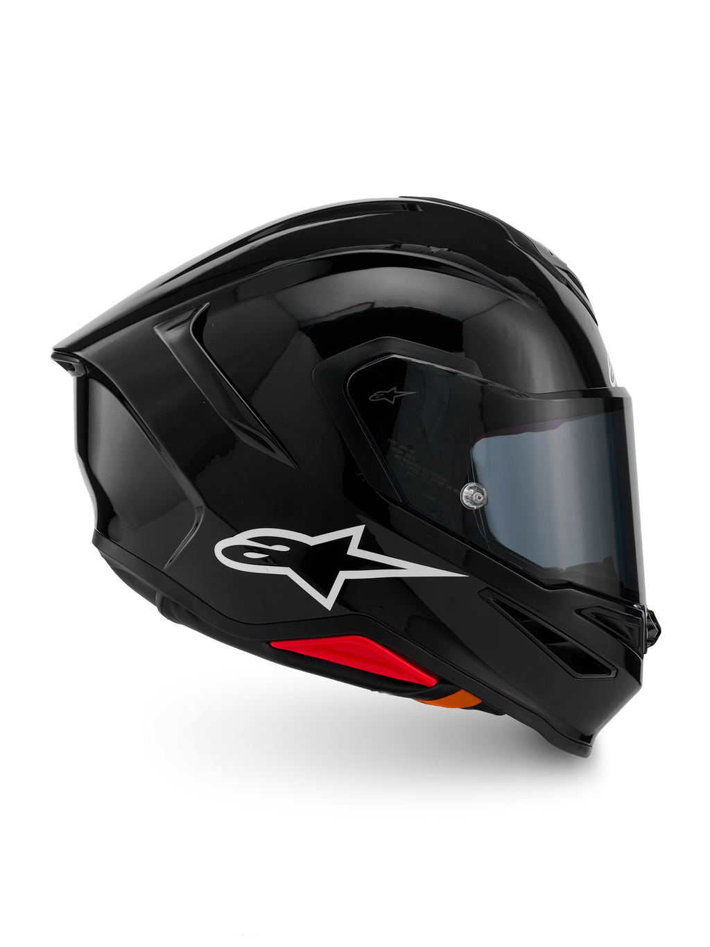 Alpinestars S-R7 Solid hjälm, integralhjälm för motorcykel, blanksvart, profilvy med vit A-star-logotyp, strömlinjeformat aerodynamiskt skal med integrerad spoiler och röda detaljer vid basen, designad för racing och sportprestanda.