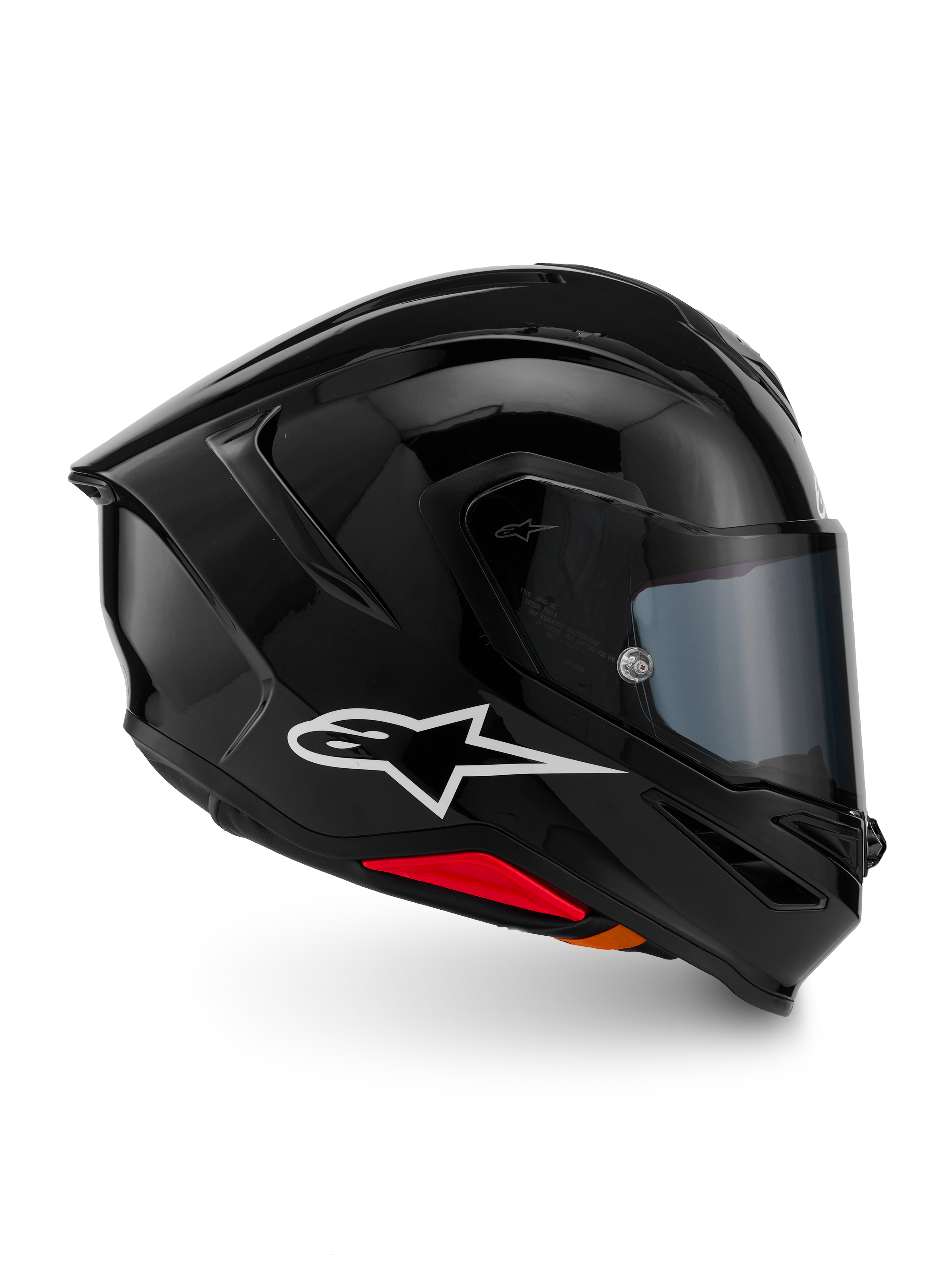 Alpinestars S-R7 Solid hjälm, integralhjälm för motorcykel, blanksvart, profilvy med vit A-star-logotyp, strömlinjeformat aerodynamiskt skal med integrerad spoiler och röda detaljer vid basen, designad för racing och sportprestanda.