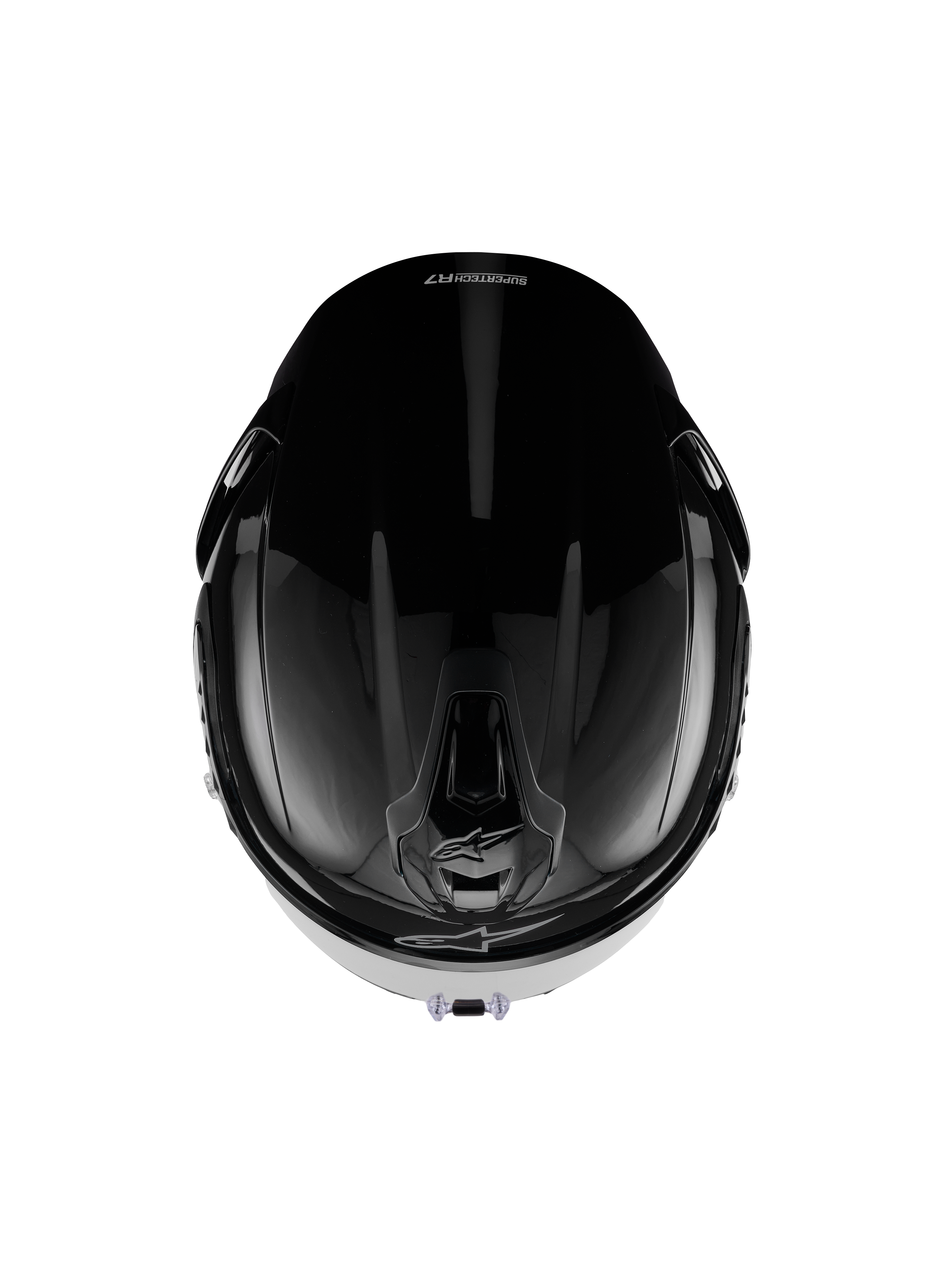Alpinestars S-R7 Solid hjälm, integralhjälm för motorcykel, blanksvart, vy uppifrån som visar det aerodynamiska skalet, ventilationsöppningar och en elegant blank finish