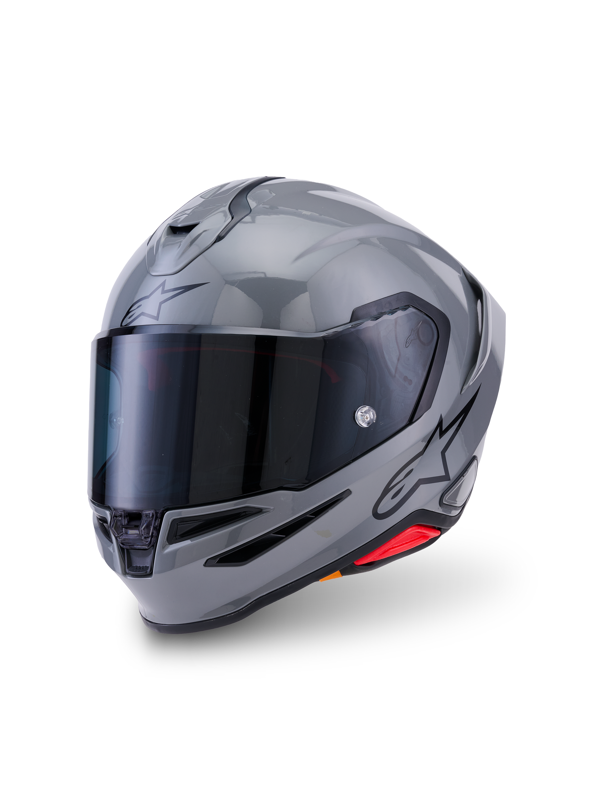 Alpinestars S-R7 Solid Helmet, full-face motorcycle helmet, Gray Glossy, featuring a dark-tinted visor, aerodynamic shell with integrated spoiler, ventilation ports, and black Alpinestars logo on the side