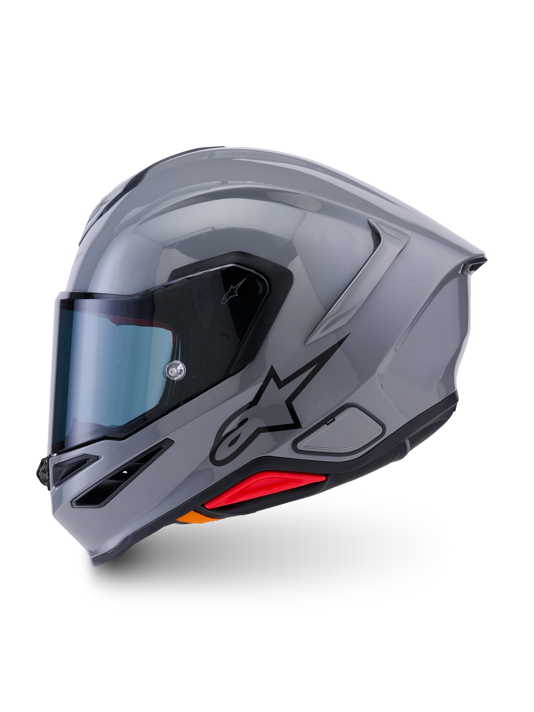 Alpinestars S-R7 Solid Helmet, full-face motorcycle helmet, Gray Glossy, side profile showing sleek aerodynamic design with integrated spoiler, black star logo, and red accent at the base