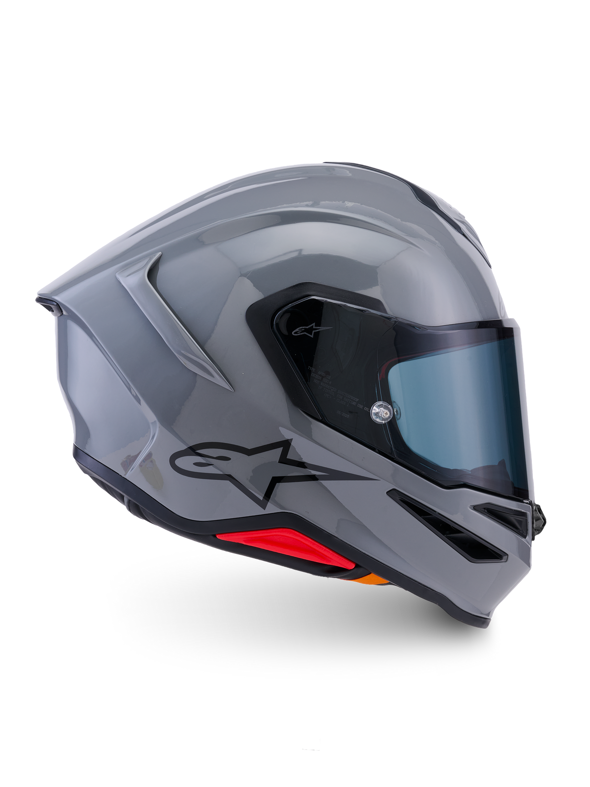 Alpinestars S-R7 Solid Helmet, Full-Face Motorcycle Helmet, Gray Glossy, side profile view showing aerodynamic shell with black Alpinestars logo and red base accents, high-performance racing gear