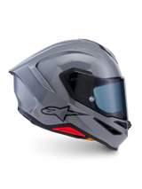 Alpinestars S-R7 Solid Helmet, Full-Face Motorcycle Helmet, Gray Glossy, side profile view, glossy gray aerodynamic shell with black logo and red base accents, high-performance racing and sport riding gear