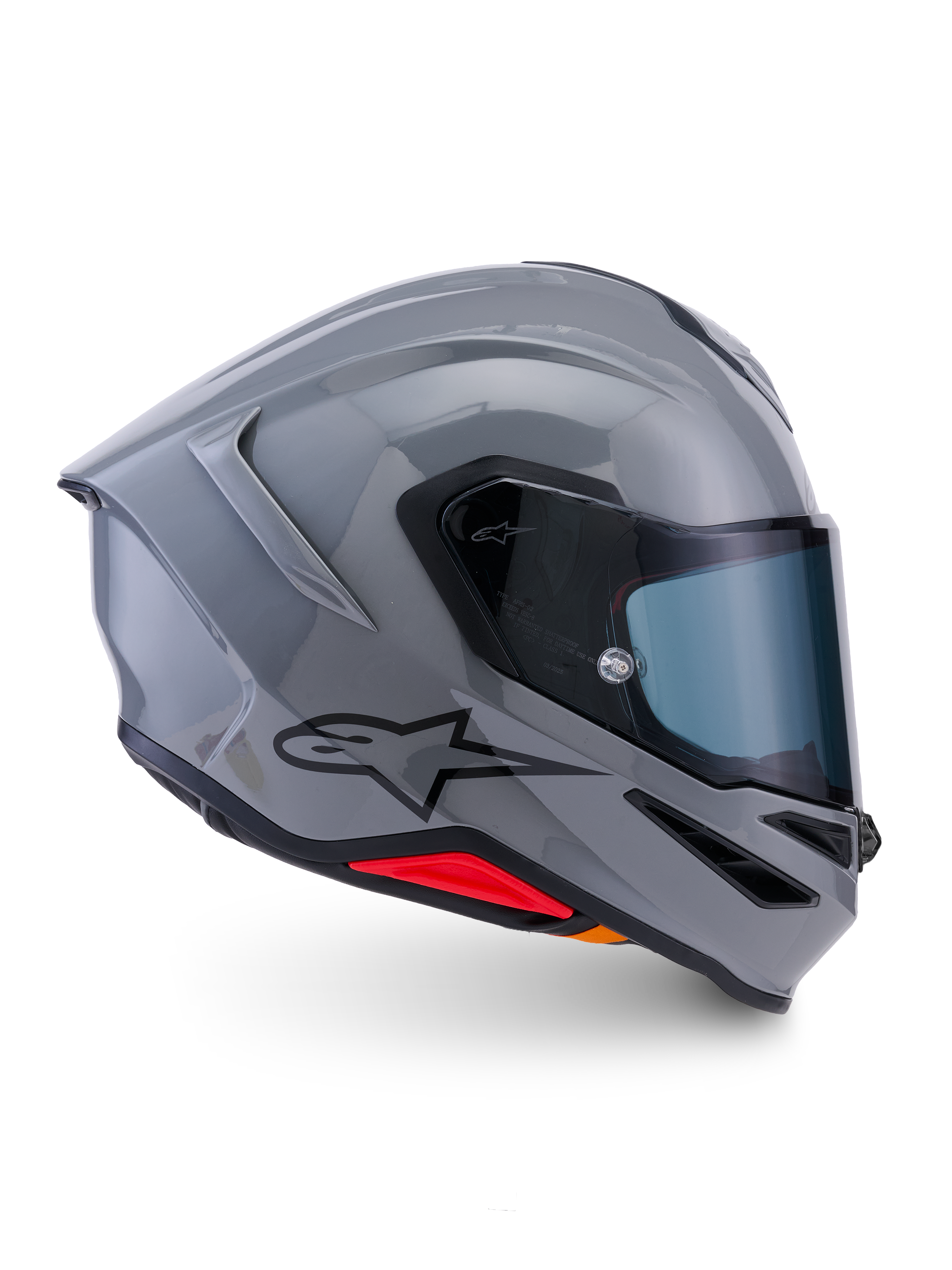 Alpinestars S-R7 Solid Helmet, Full-Face Motorcycle Helmet, Gray Glossy, side profile view, glossy gray aerodynamic shell with black logo and red base accents, high-performance racing and sport riding gear