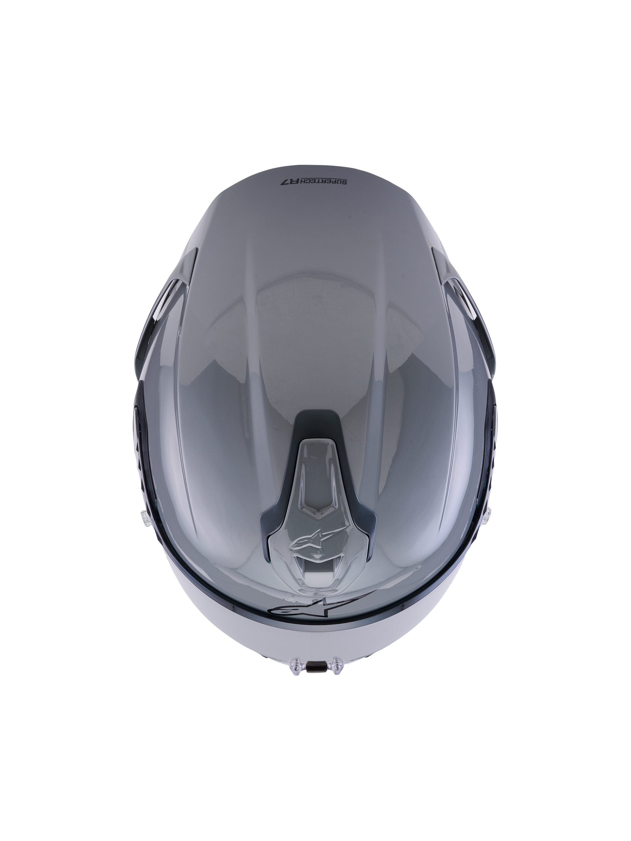 Alpinestars S-R7 Solid Helmet, Gray Glossy, top-down view highlighting the aerodynamic shell design and integrated slidable top ventilation ports.