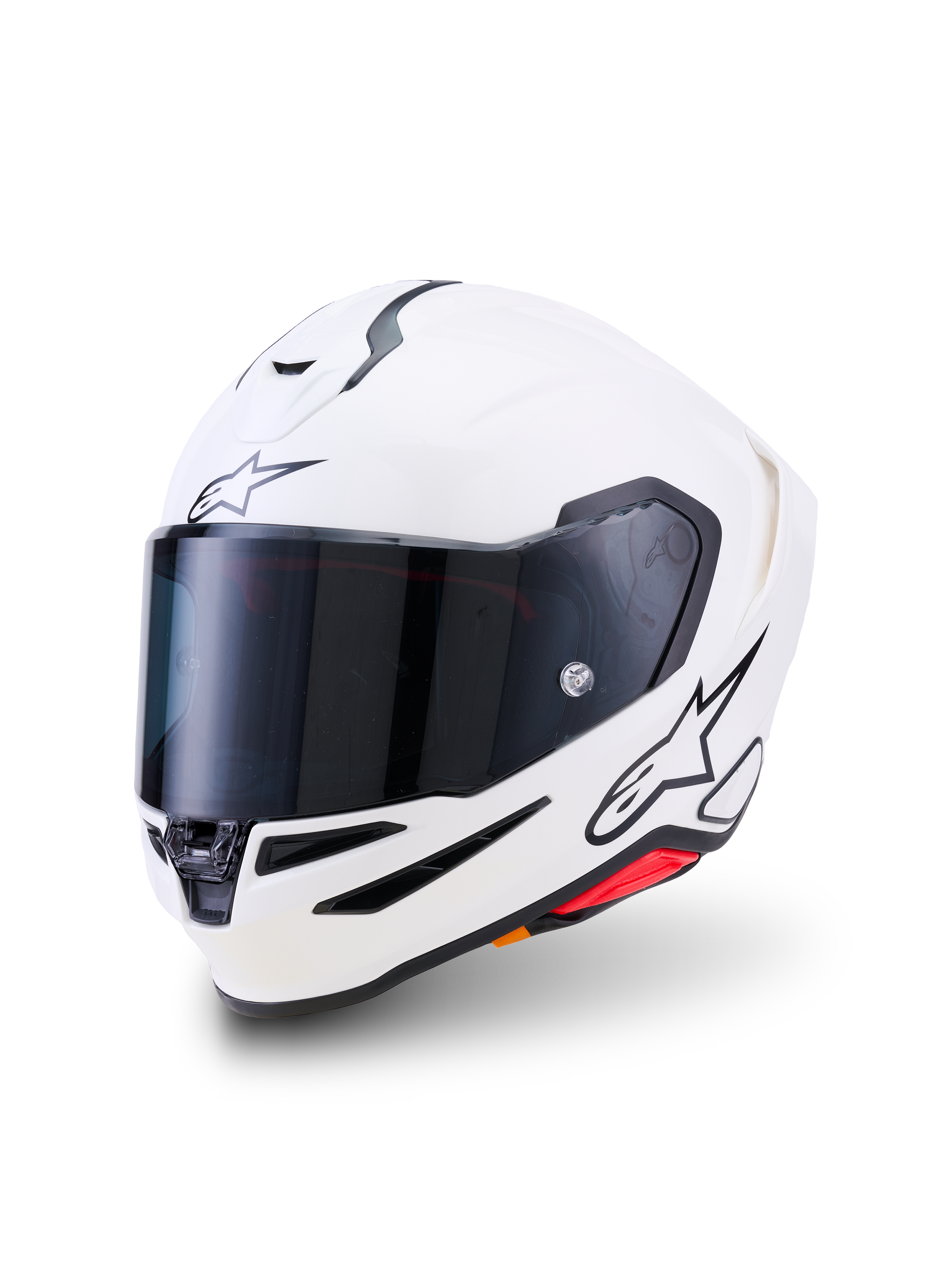 Alpinestars S-R7 Solid-hjälm, integralhjälm för motorcykel, vit glansig, mörkt röktonat visir, svart stjärnlogotyp på pannan och sidan, aerodynamiskt skal med ventilationsöppningar och röda accenter, högpresterande racing- och vägutrustning