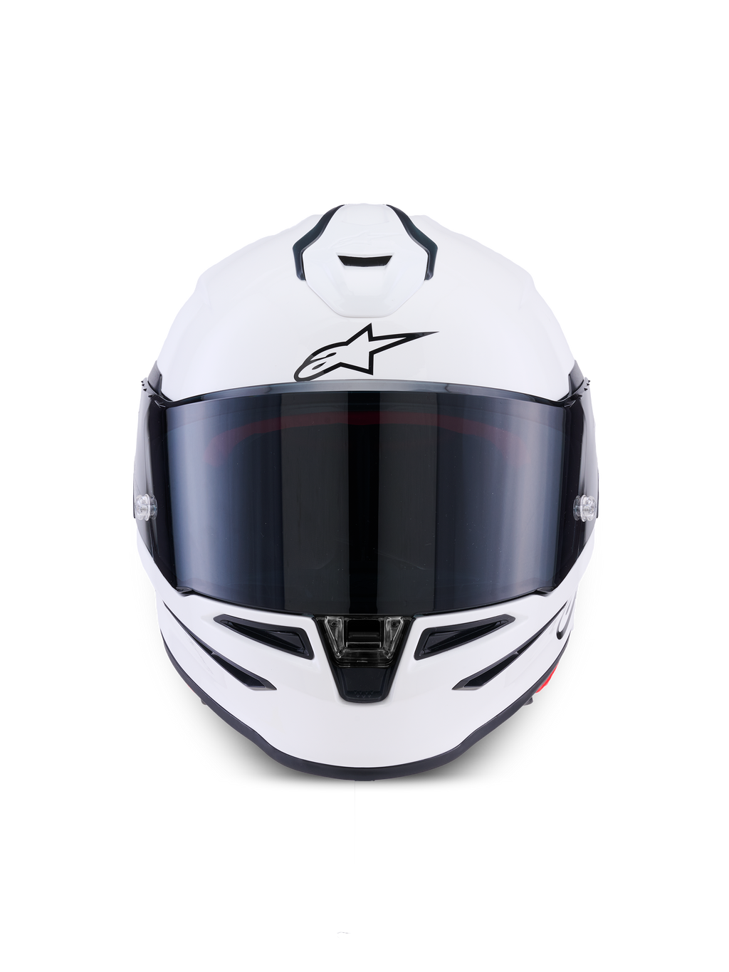 Alpinestars S-R7 Solid-hjälm, integralhjälm för motorcykel, White Glossy, vy framifrån med mörkt tonat visir, aerodynamiskt skal med integrerade ventiler, professionell racing- och sportutrustning