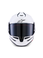 Alpinestars S-R7 Solid-hjälm, integralhjälm för motorcykel, White Glossy, vy framifrån med mörkt tonat visir, aerodynamiskt skal med integrerade ventiler, professionell racing- och sportutrustning