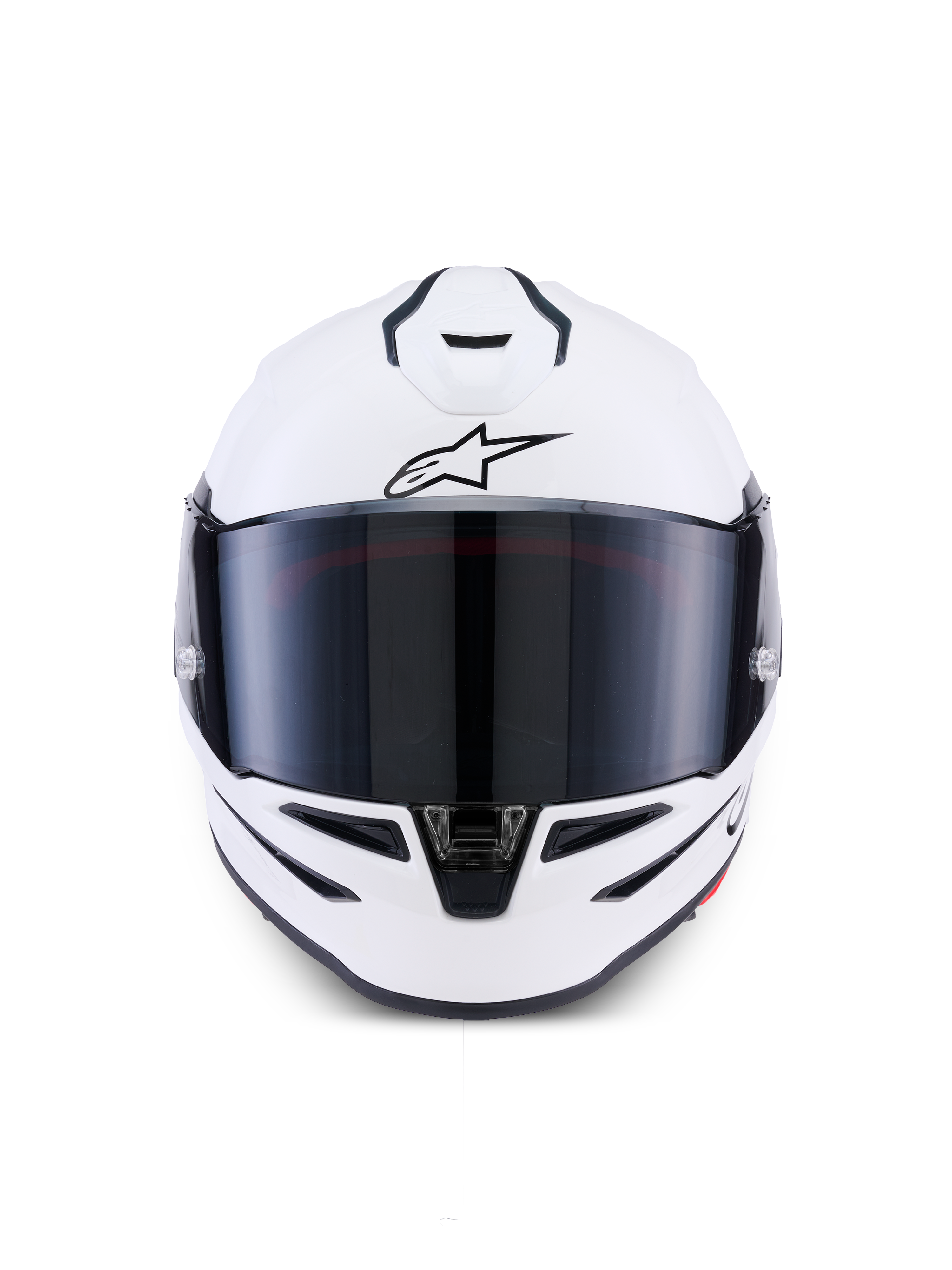 Alpinestars S-R7 Solid-hjälm, integralhjälm för motorcykel, White Glossy, vy framifrån med mörkt tonat visir, aerodynamiskt skal med integrerade ventiler, professionell racing- och sportutrustning
