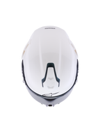 Alpinestars S-R7 Solid hjälm, White Glossy integralhjälm för motorcykel, vy uppifrån som visar det aerodynamiska skalet, skjutbar övre ventilationsöppning med svarta detaljer och karakteristisk stjärnlogotyp, strömlinjeformad racinginspirerad design för stabilitet vid höga hastigheter.