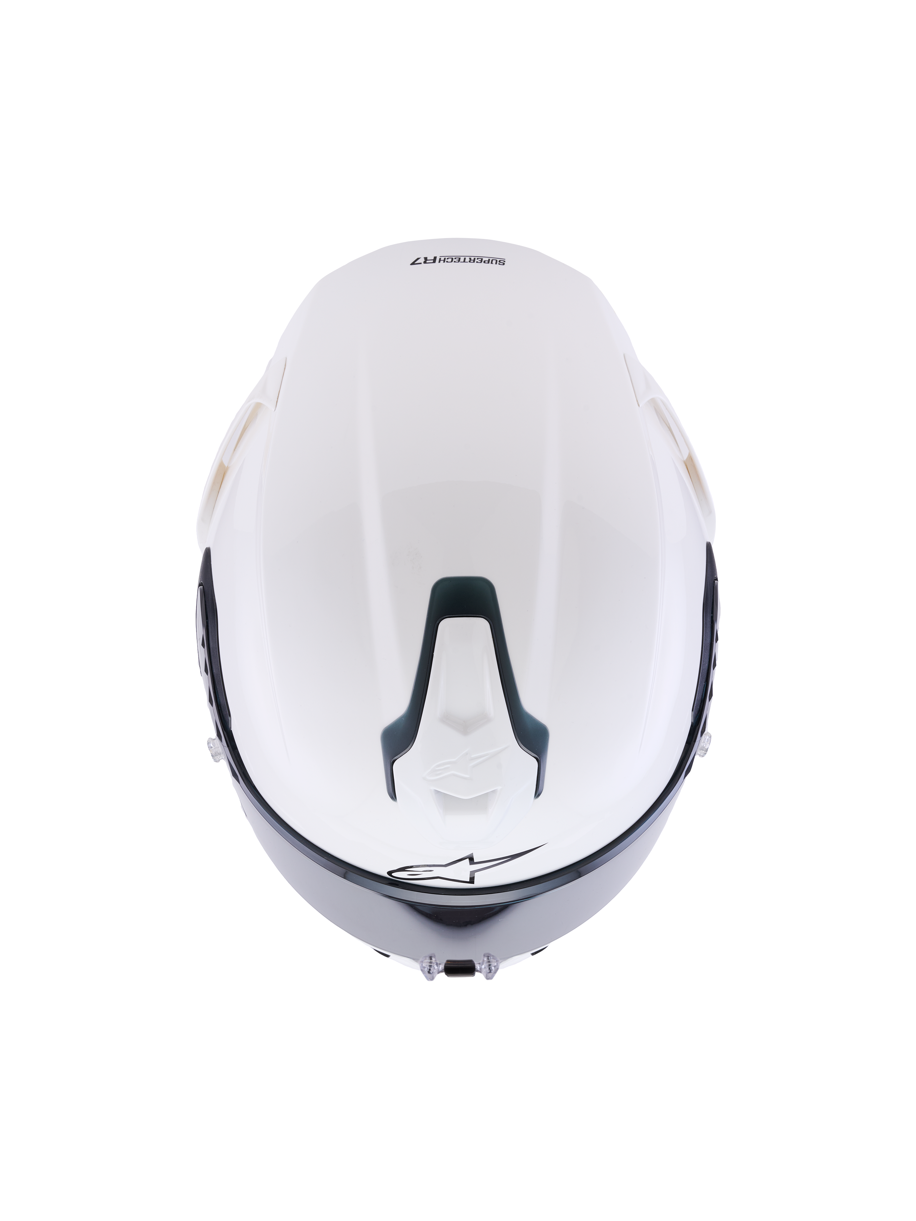 Alpinestars S-R7 Solid hjälm, White Glossy integralhjälm för motorcykel, vy uppifrån som visar det aerodynamiska skalet, skjutbar övre ventilationsöppning med svarta detaljer och karakteristisk stjärnlogotyp, strömlinjeformad racinginspirerad design för stabilitet vid höga hastigheter.