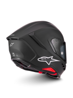 Alpinestars S-R7 Solid hjälm, mattsvart motorcykelhjälm med vit Astar-logotyp och röda designdetaljer, ECE- och DOT-certifierad för bana och väg