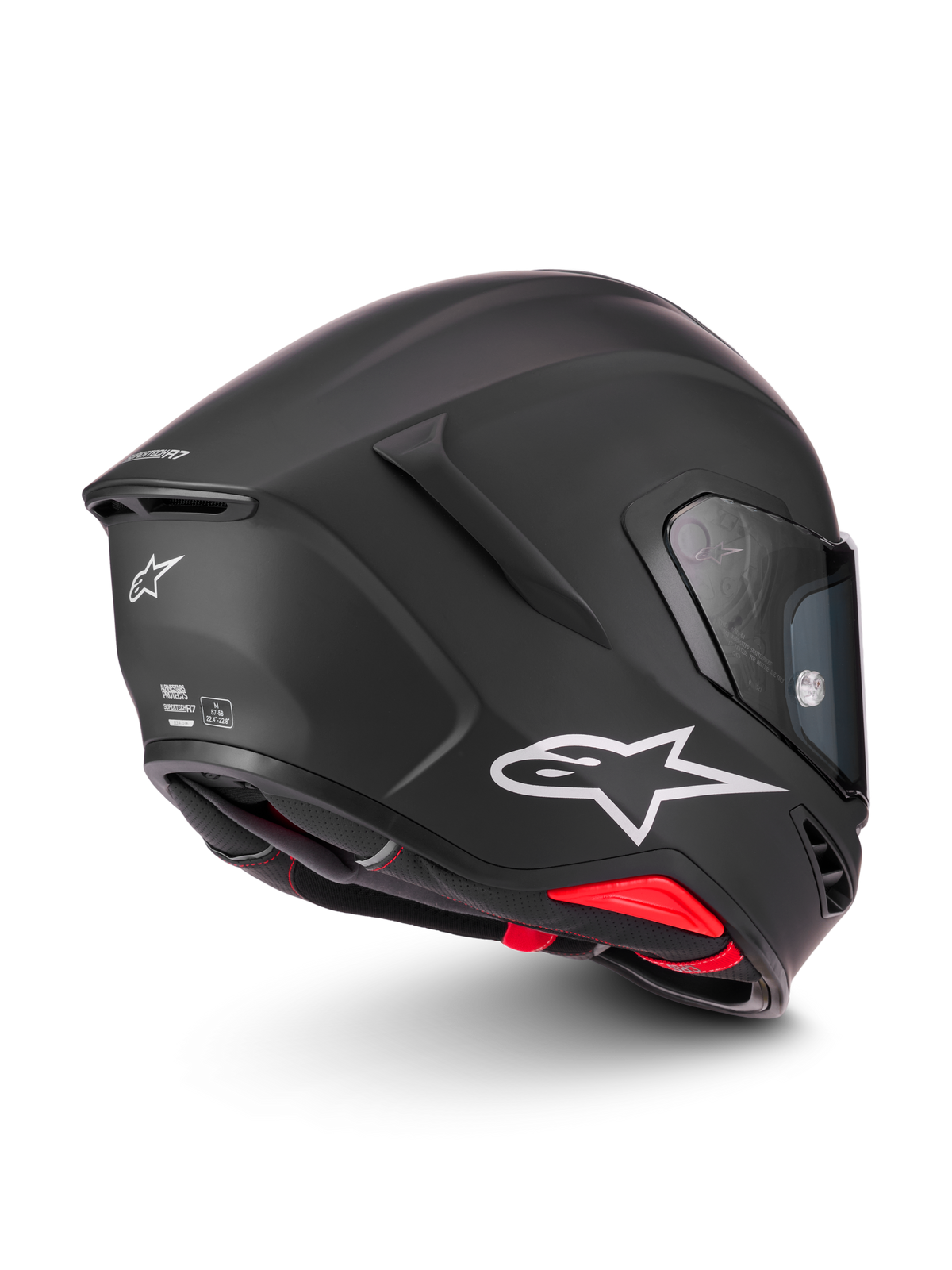 Alpinestars S-R7 Solid hjälm, mattsvart motorcykelhjälm med vit Astar-logotyp och röda designdetaljer, ECE- och DOT-certifierad för bana och väg