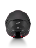 Alpinestars S-R7 Solid hjälm ECE06/DOT, mattsvart motorcykelhjälm, vy bakifrån med Supertech R7-märkning, ventilationsutsläpp och certifieringsetiketter