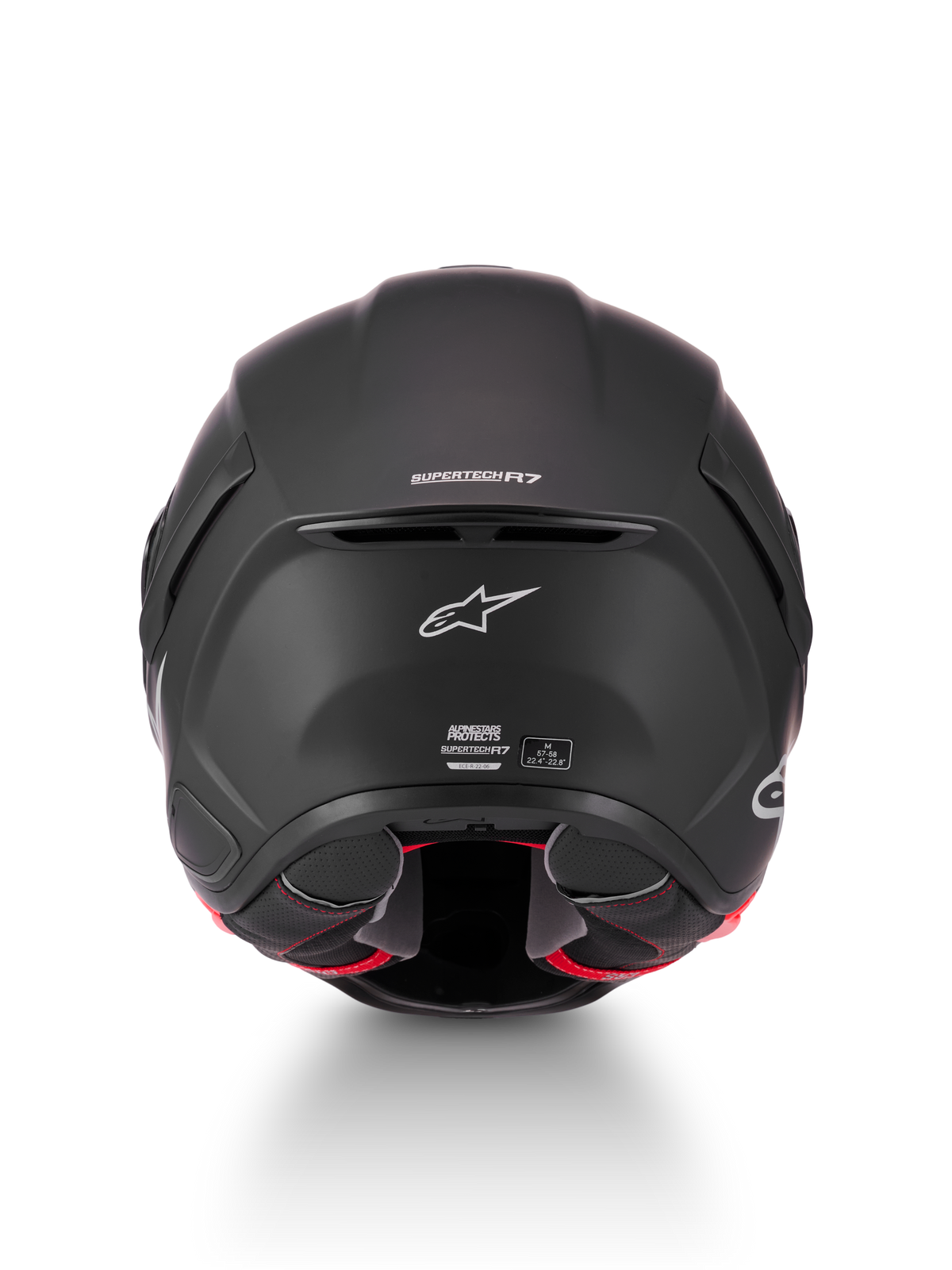 Alpinestars S-R7 Solid hjälm ECE06/DOT, mattsvart motorcykelhjälm, vy bakifrån med Supertech R7-märkning, ventilationsutsläpp och certifieringsetiketter