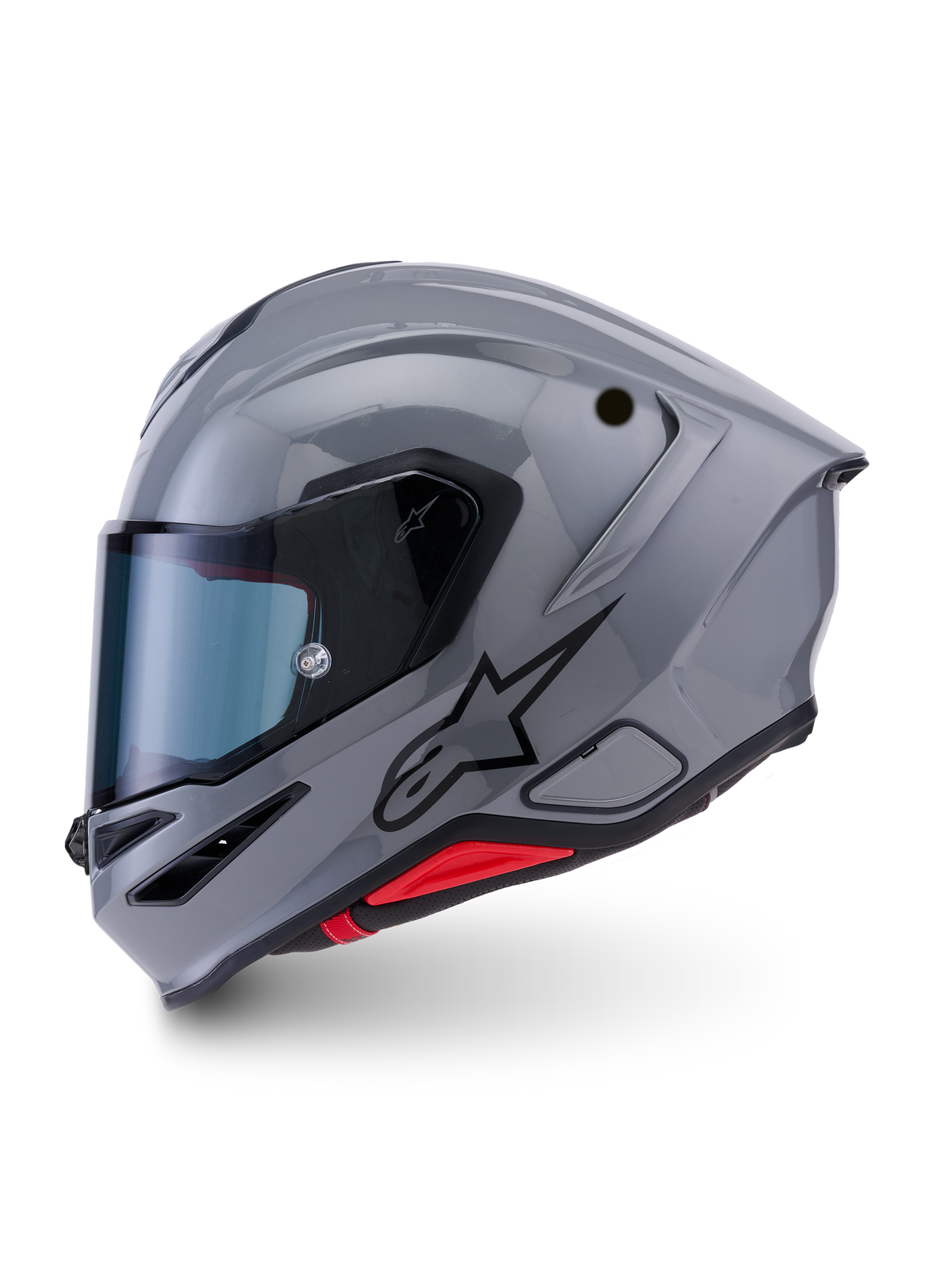 Alpinestars S-R7 Solid Helmet, motorcycle racing and sport helmet in gray glossy with tinted visor, aerodynamic carbon composite shell, ECE 22.06 certified, side profile view showing black A-star logo