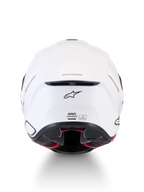 Alpinestars Supertech R7 Solid hjälm, vit motorcykelhjälm för landsväg, vy bakifrån som visar kolfiberkompositkonstruktion, ventilationsutblås, A-star-logotyp och ECE 22.06-certifieringsetikett